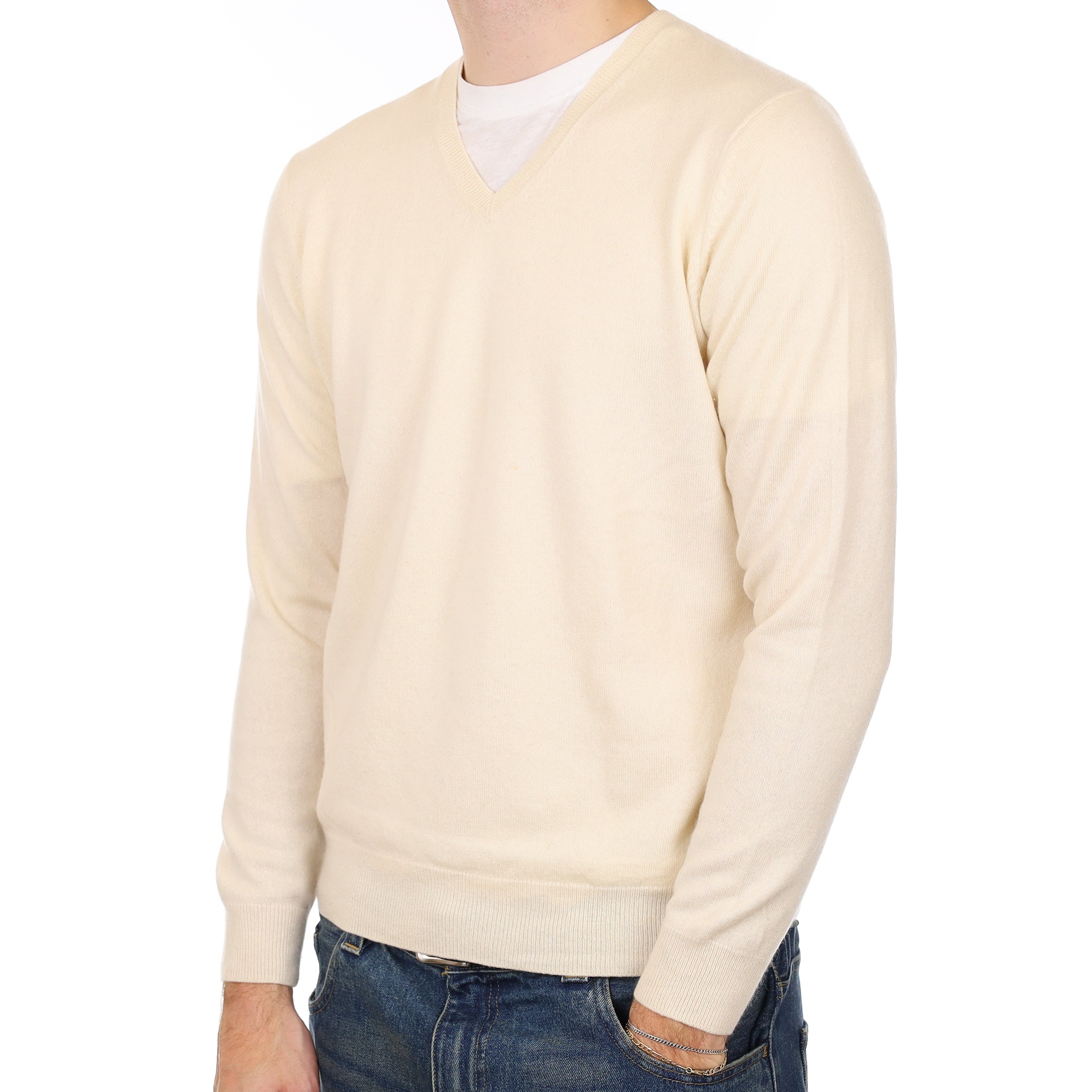 Men’s Ivory Cashmere V Neck Jumper Medium