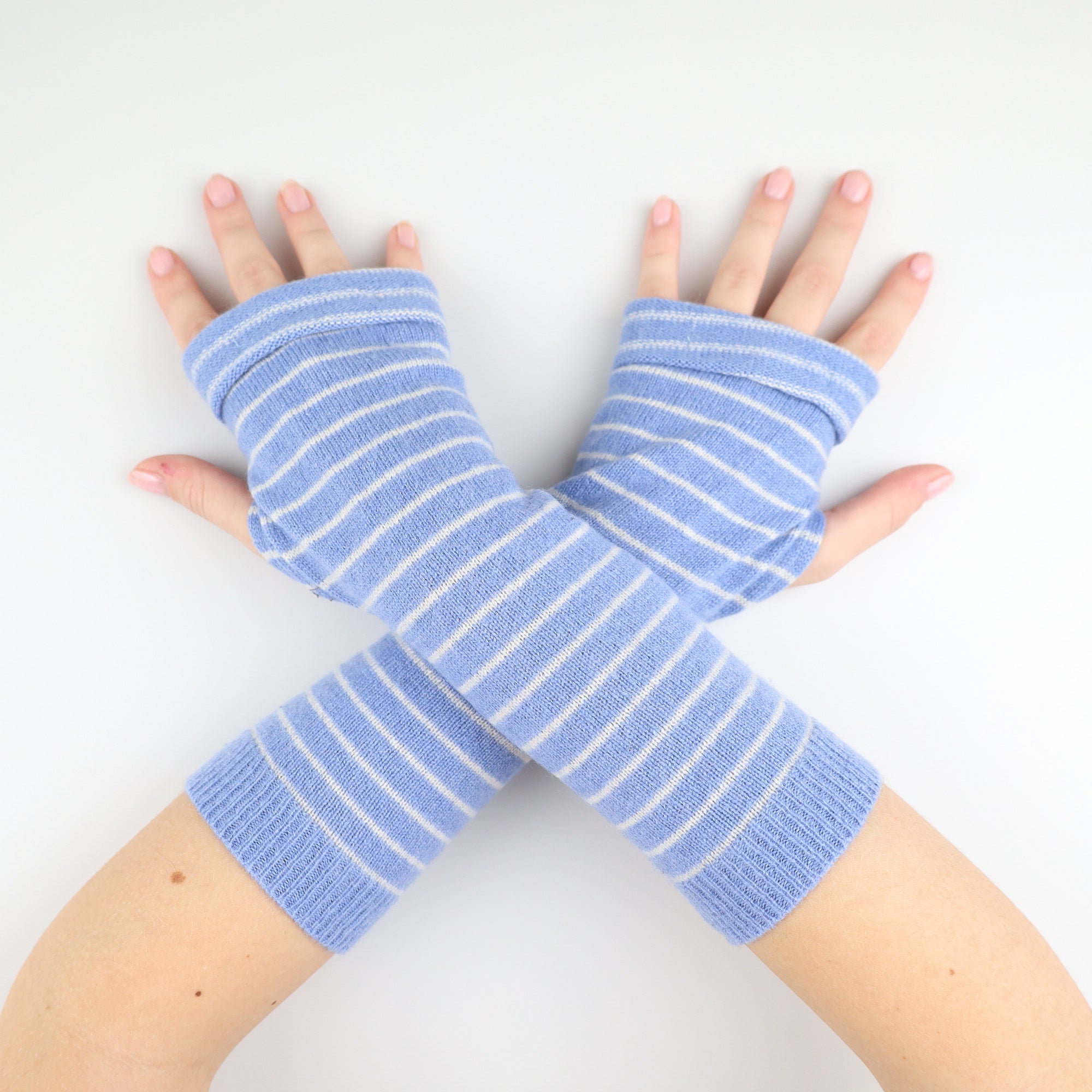 Blue and Cream Striped Fingerless Gloves