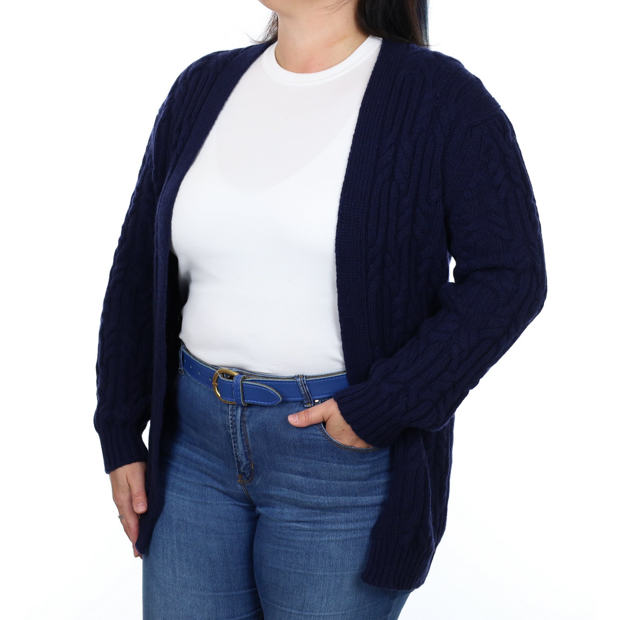 Brand New Scottish Navy Cable Cashmere Edge To Edge Cardigan Large