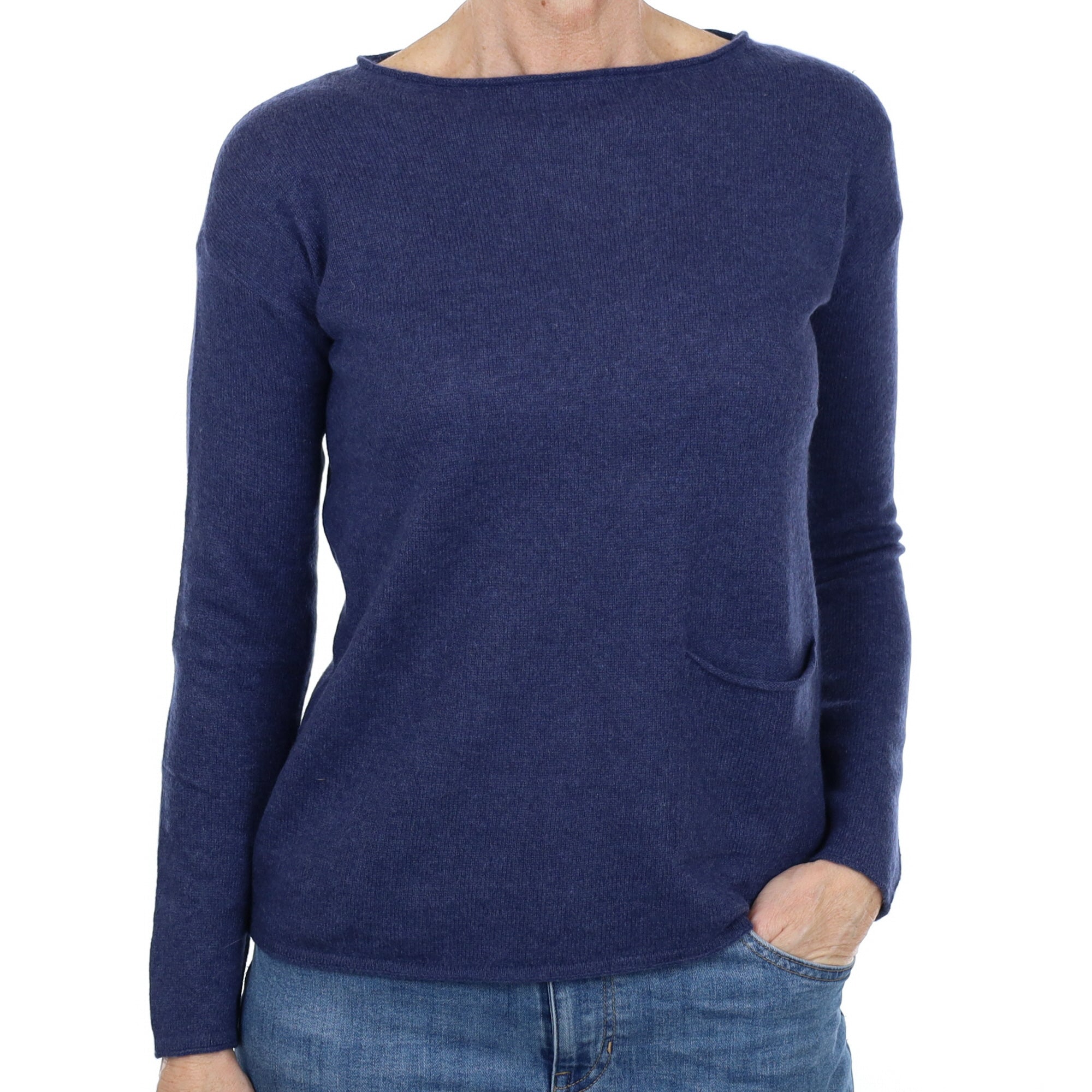 Italian Dark Denim Blue Cashmere Slash Neck Jumper Small