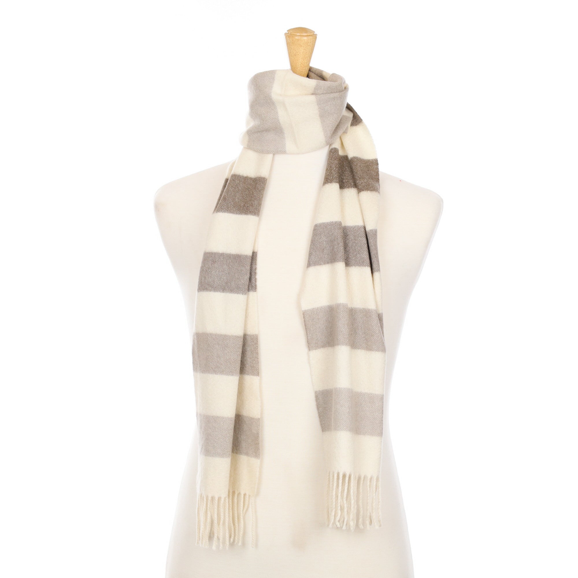 Vanilla Cream and Mocha Striped Cashmere Fringed Woven Scarf