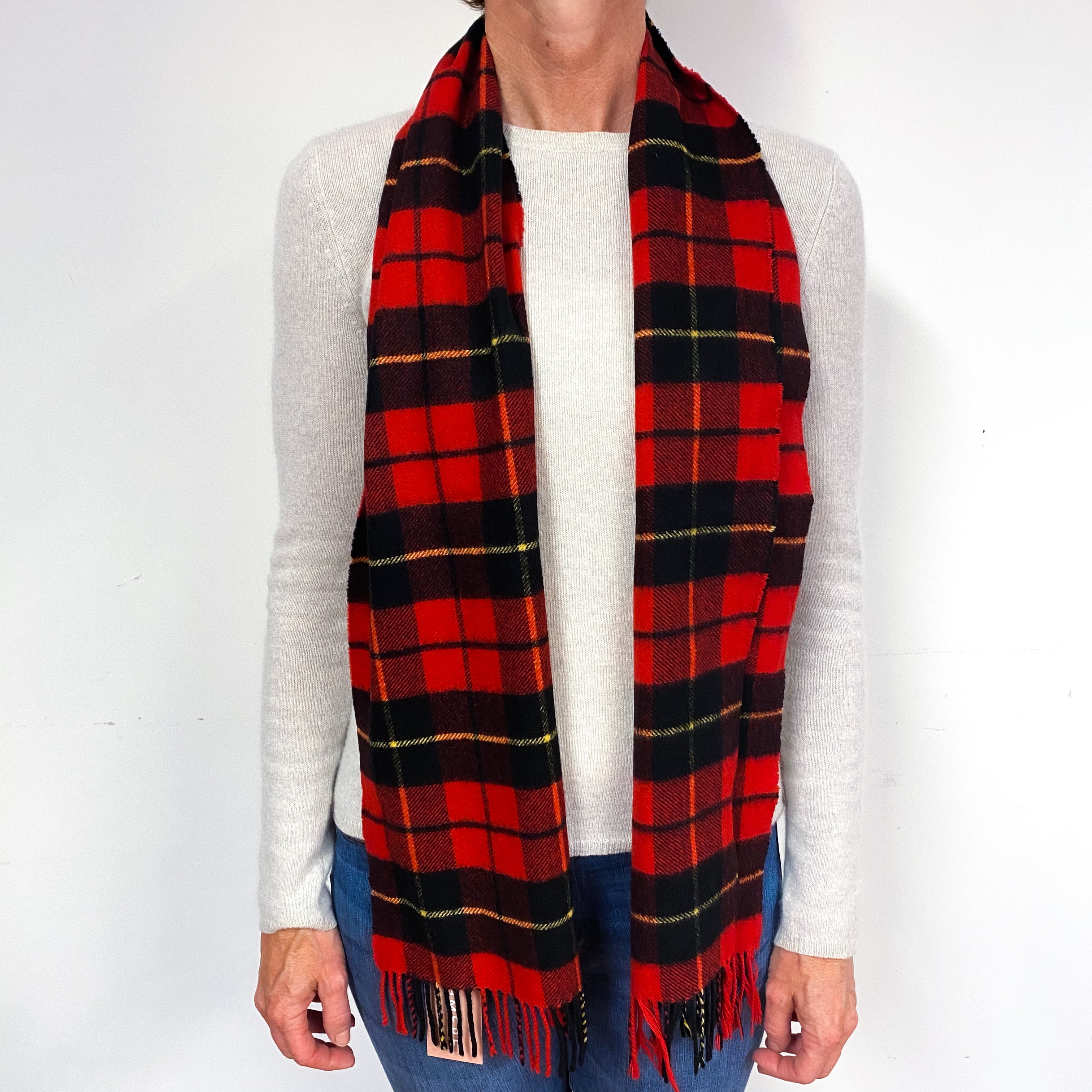 Black and Red Tartan Fringed Cashmere Woven Scarf