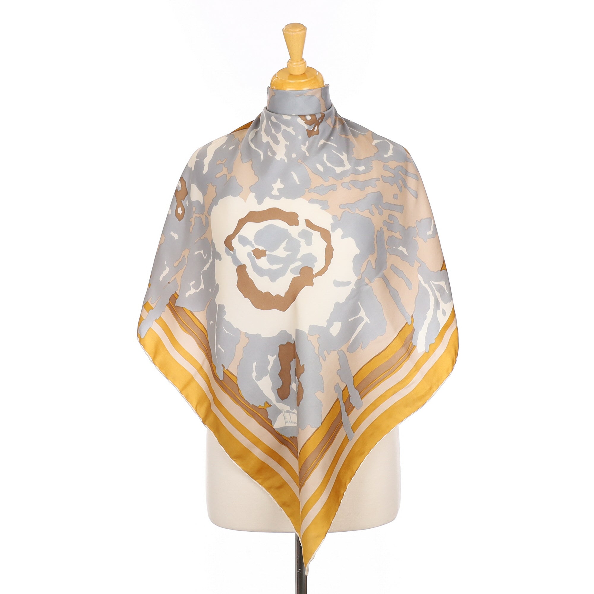 1970’s Richard Allan Abstract Grey and Mustard Silk Scarf