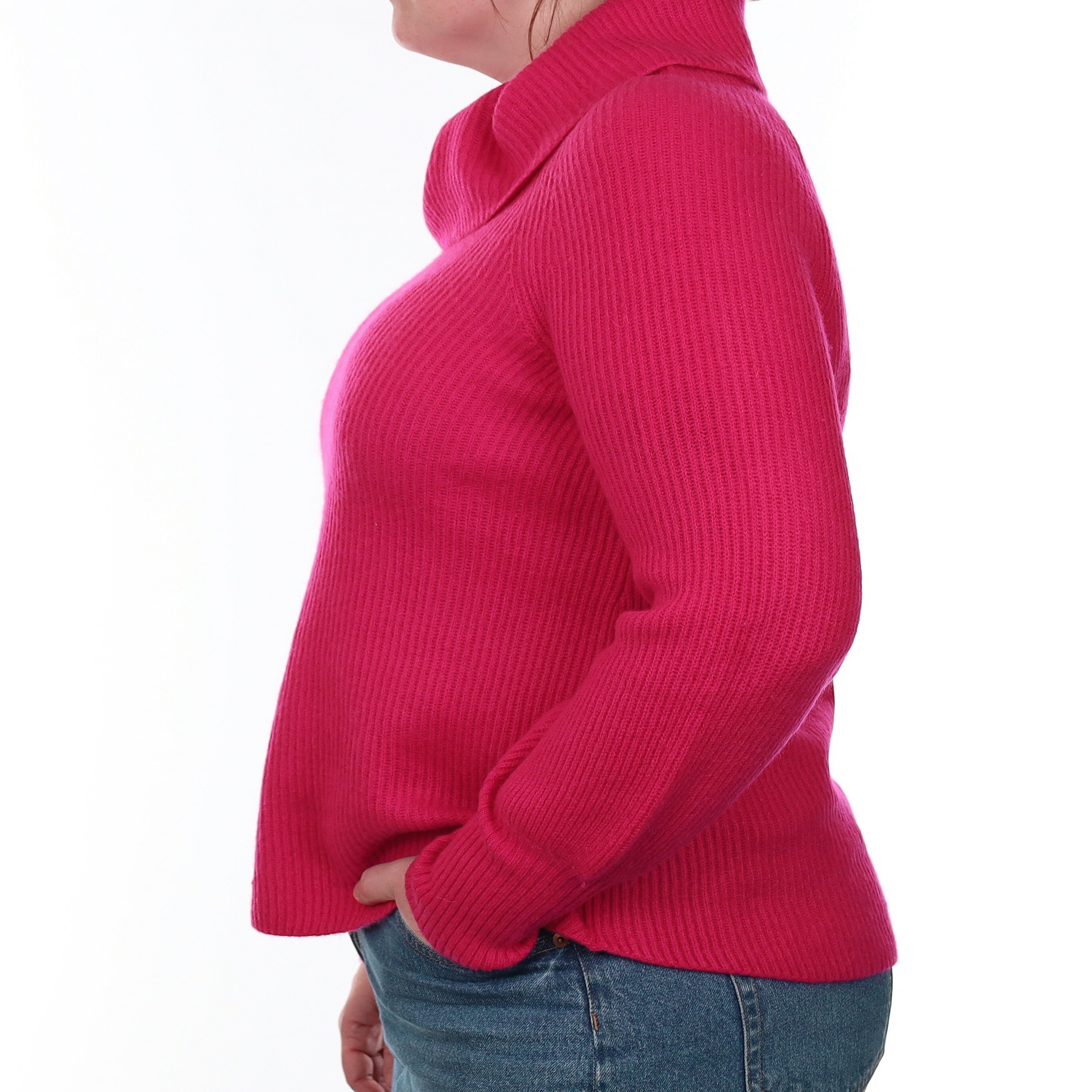 Hot Pink Ribbed Cashmere Cowl Neck Jumper Large