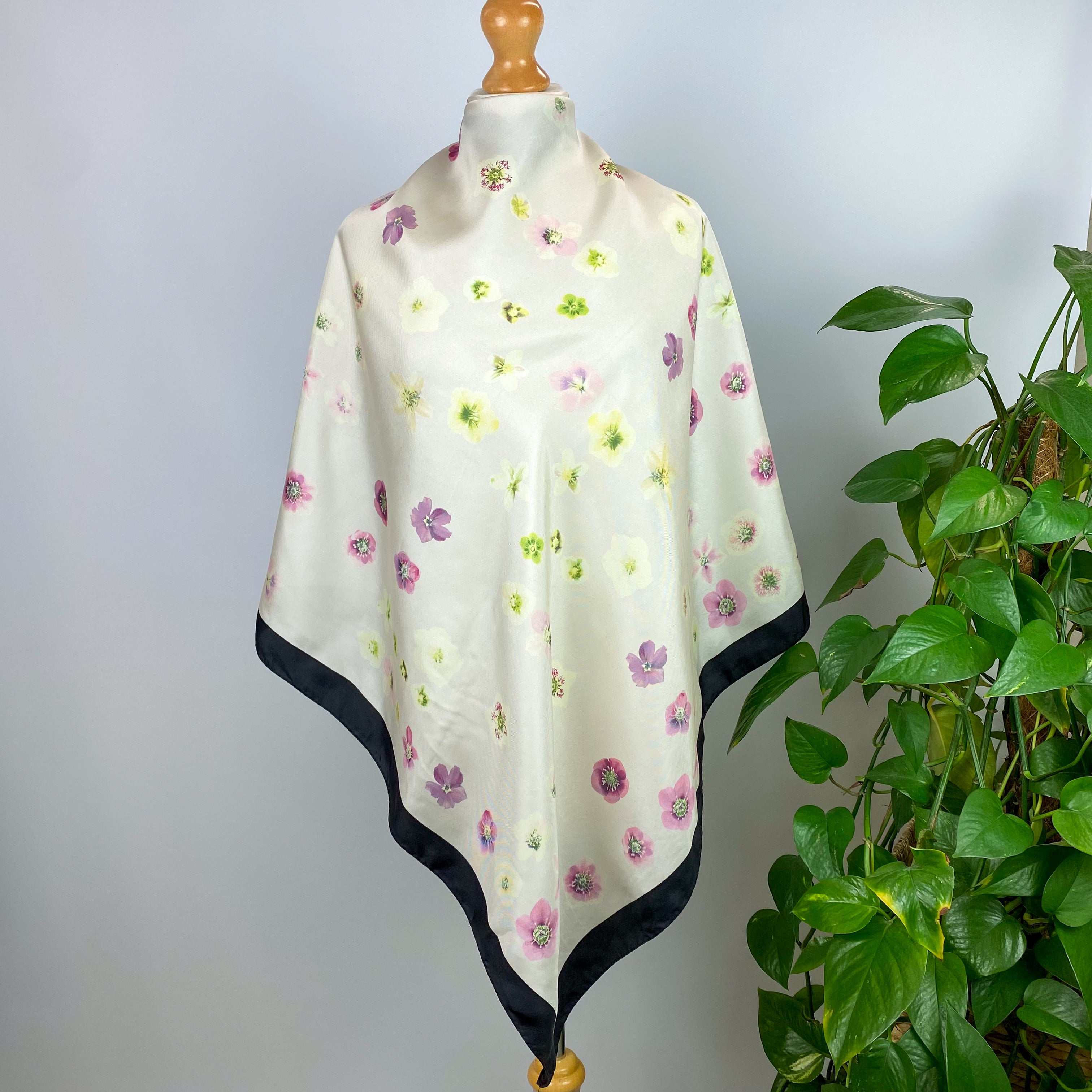 Immaculate Cream And Pink Flowered Silk Scarf