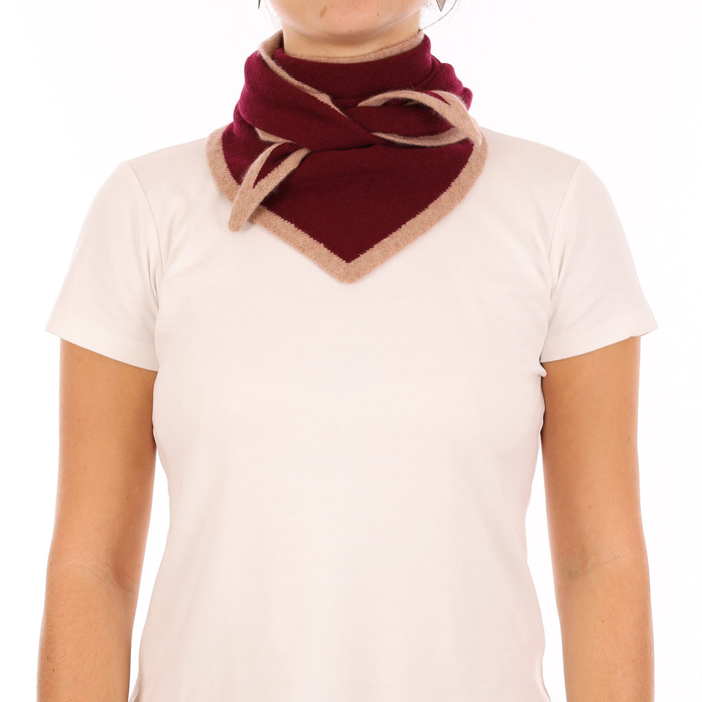 Brand New Wine Red and Caramel Recycled Cashmere Triangle Scarf