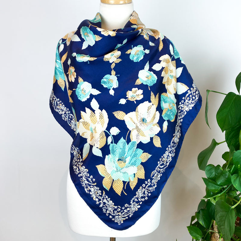 Navy Blue Floral Vintage Silk Scarf