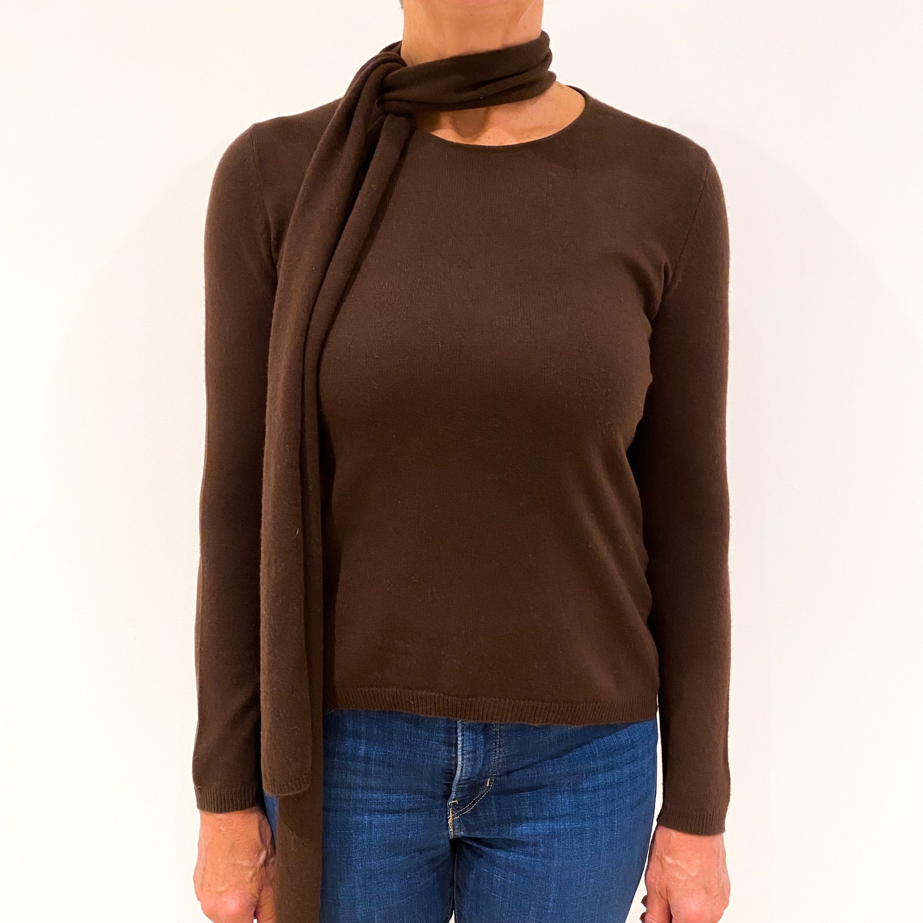 Chocolate Brown Cashmere Crew Neck Jumper with Tie Medium