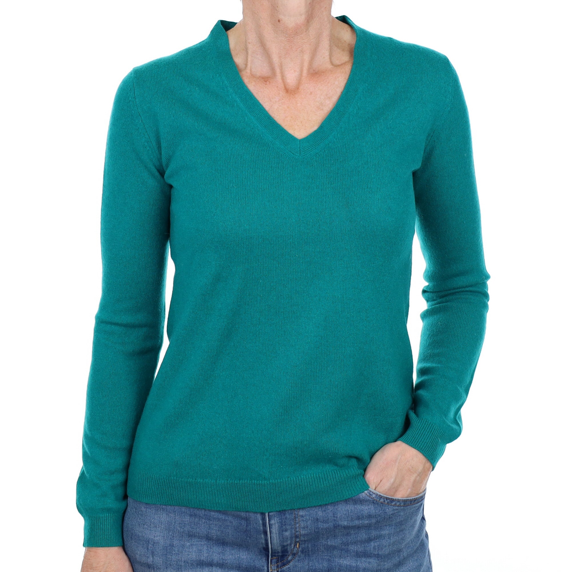 Dark Cyan Green Cashmere V Neck Jumper Small