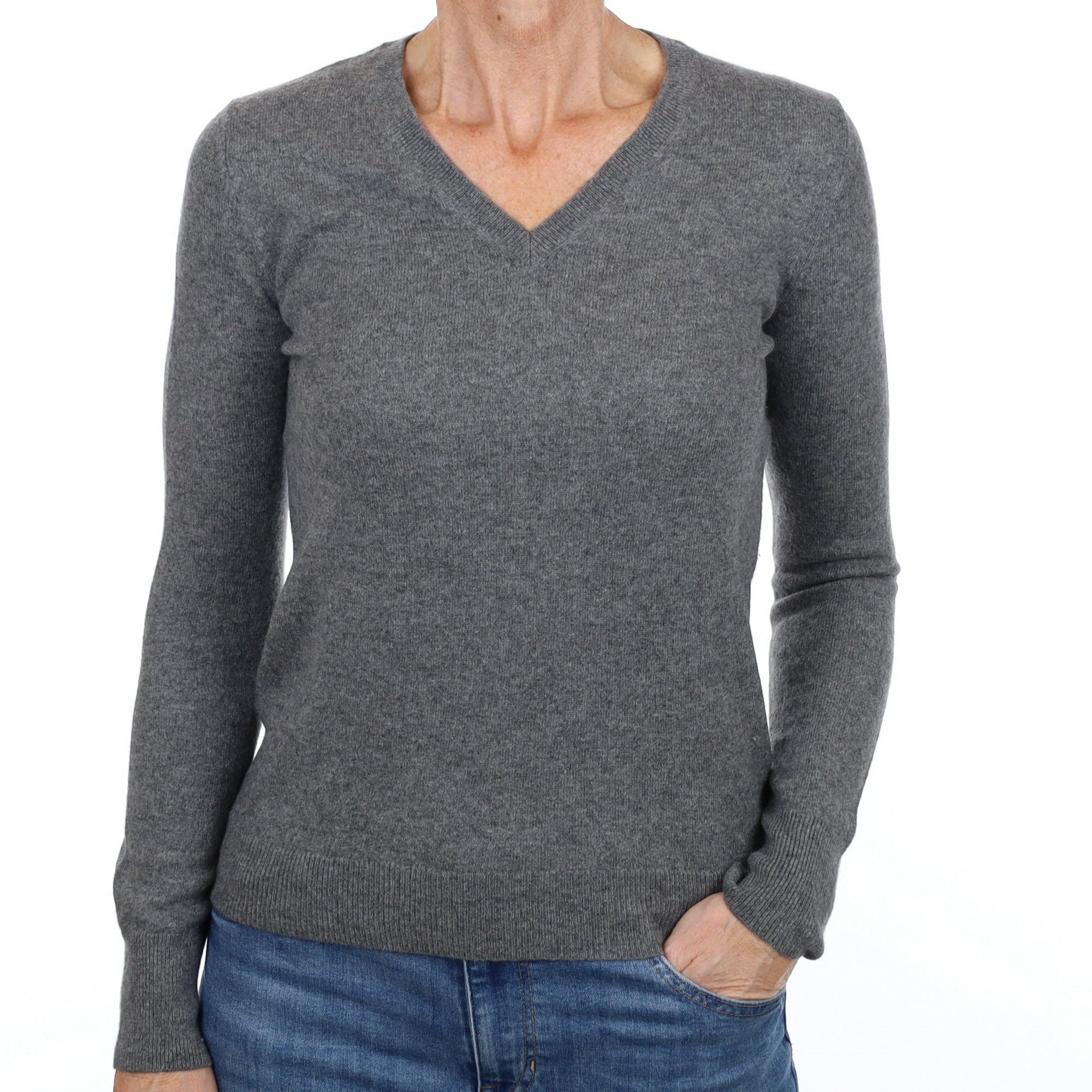 Ash Grey Cashmere V Neck Jumper Small