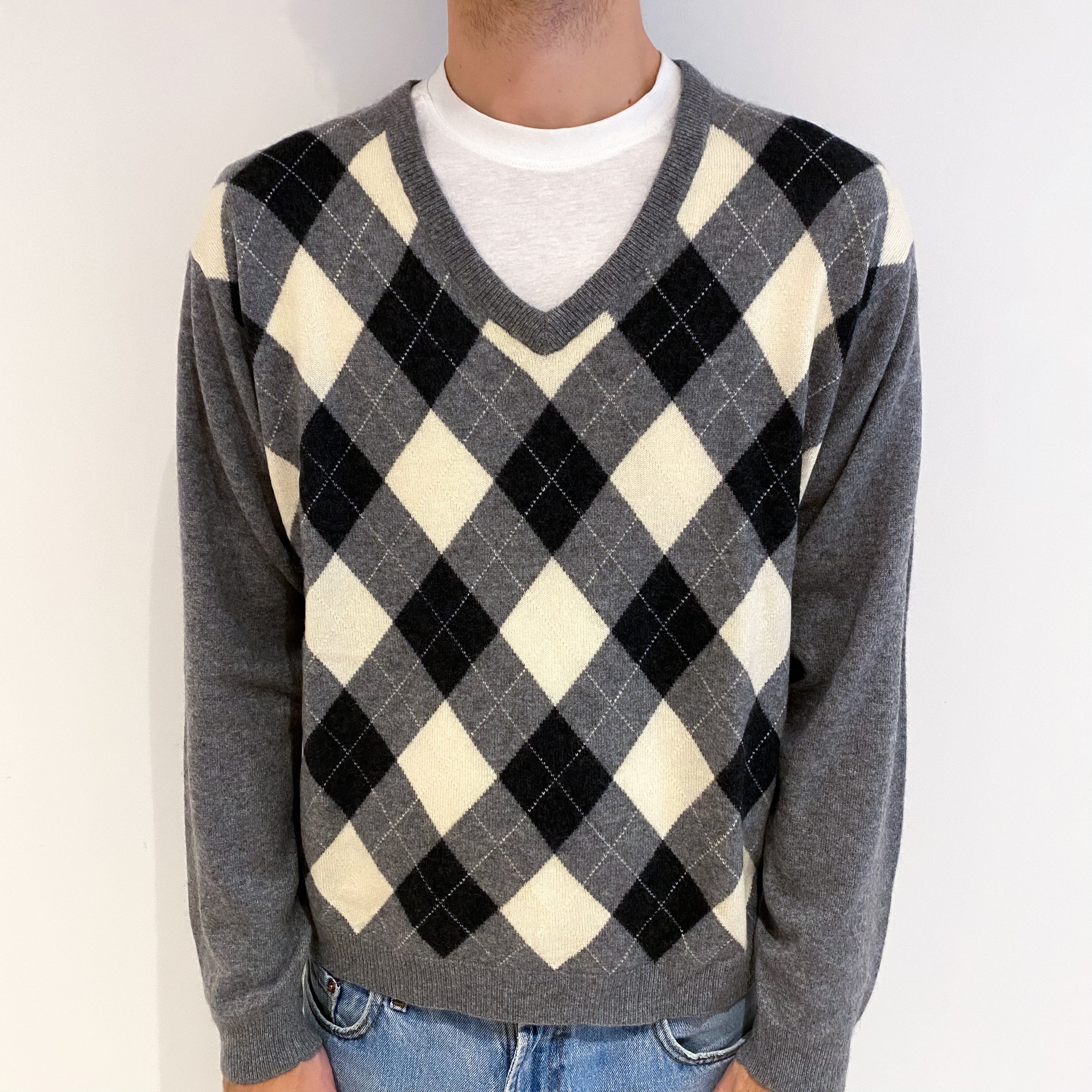 Men's Slate Grey Cashmere V Neck Jumper Large