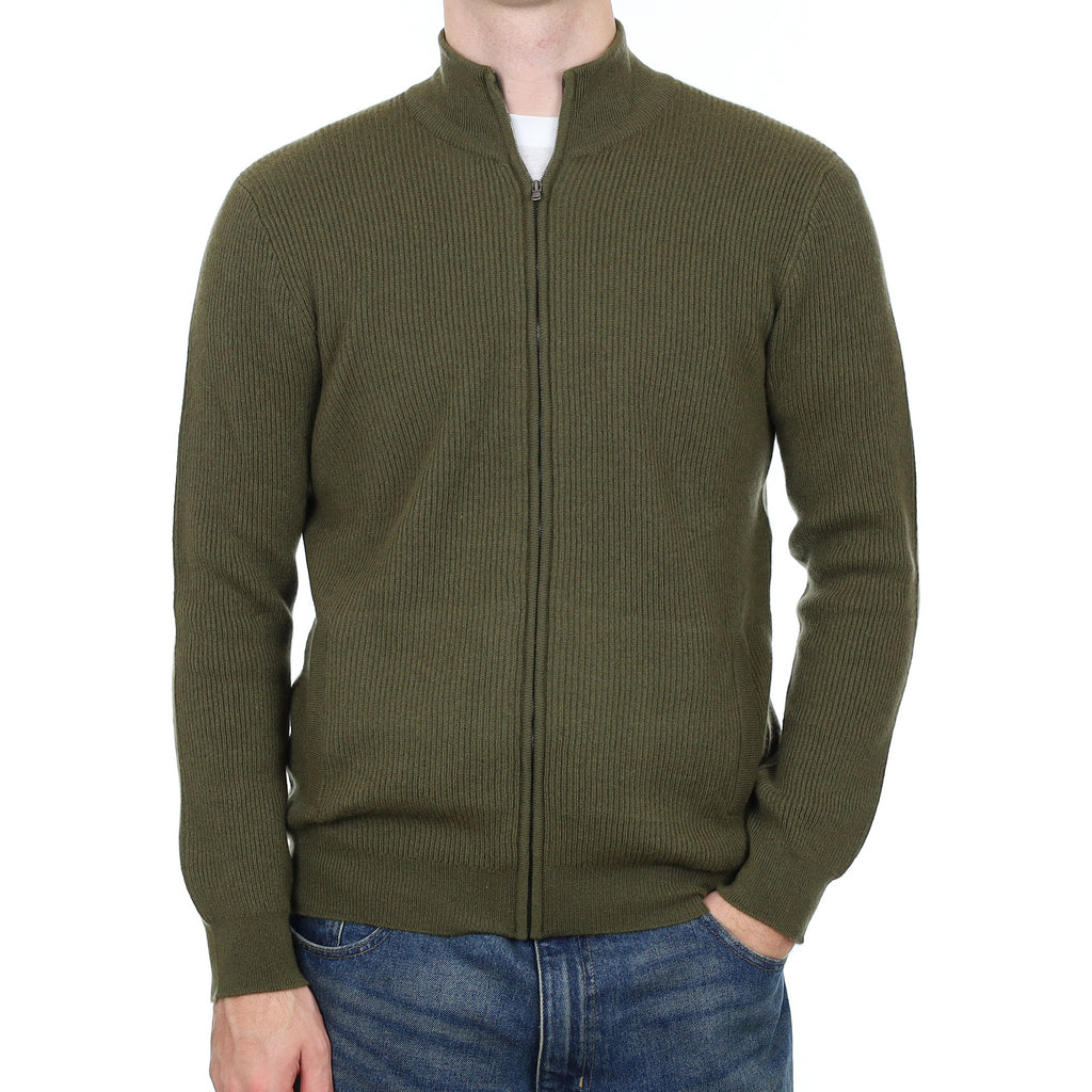 Men’s Brand New Scottish Khaki Green Rib Cashmere Zip Up Cardigan with Pockets Medium