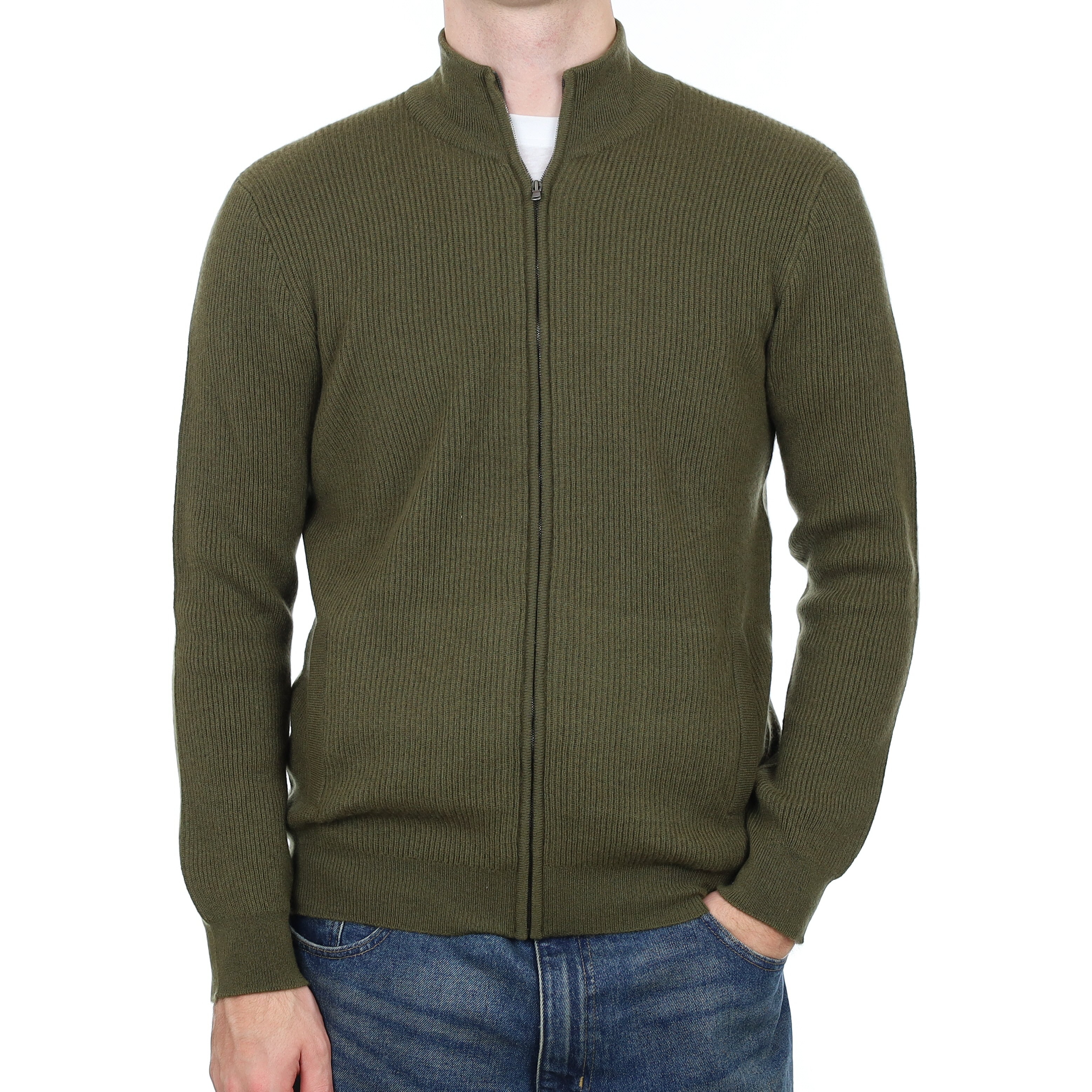 Men’s Brand New Scottish Khaki Green Rib Cashmere Zip Up Cardigan with Pockets Medium