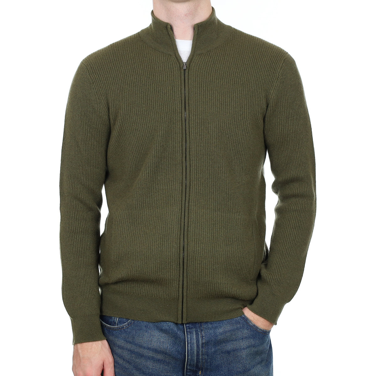 Men’s Brand New Scottish Khaki Green Rib Cashmere Zip Up Cardigan with Pockets Medium