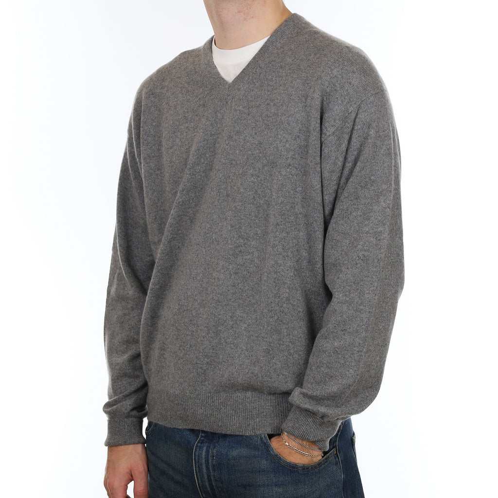 Men’s Ash Grey Cashmere V Neck Jumper Large