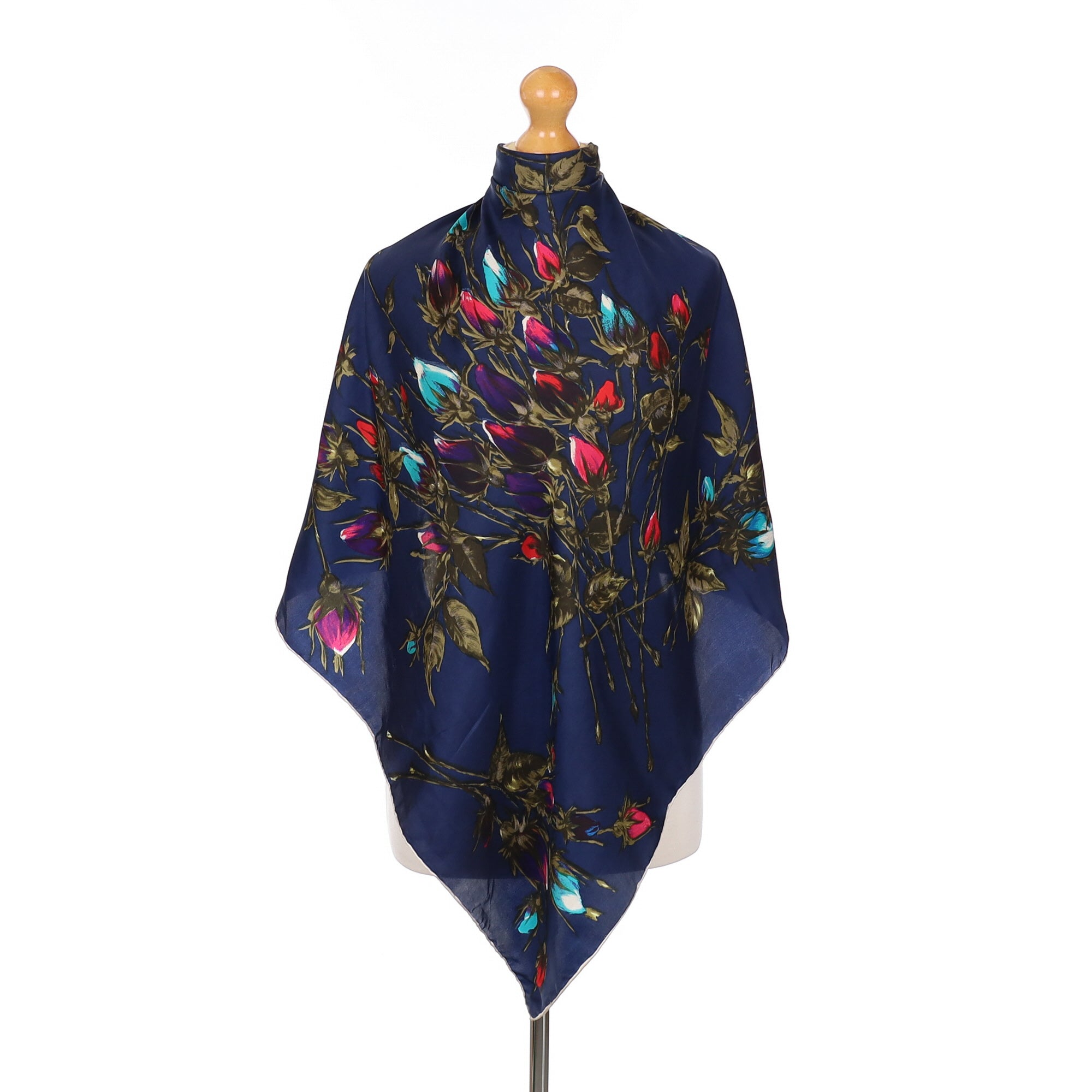 Navy Blue Floral Vintage Silk Scarf
