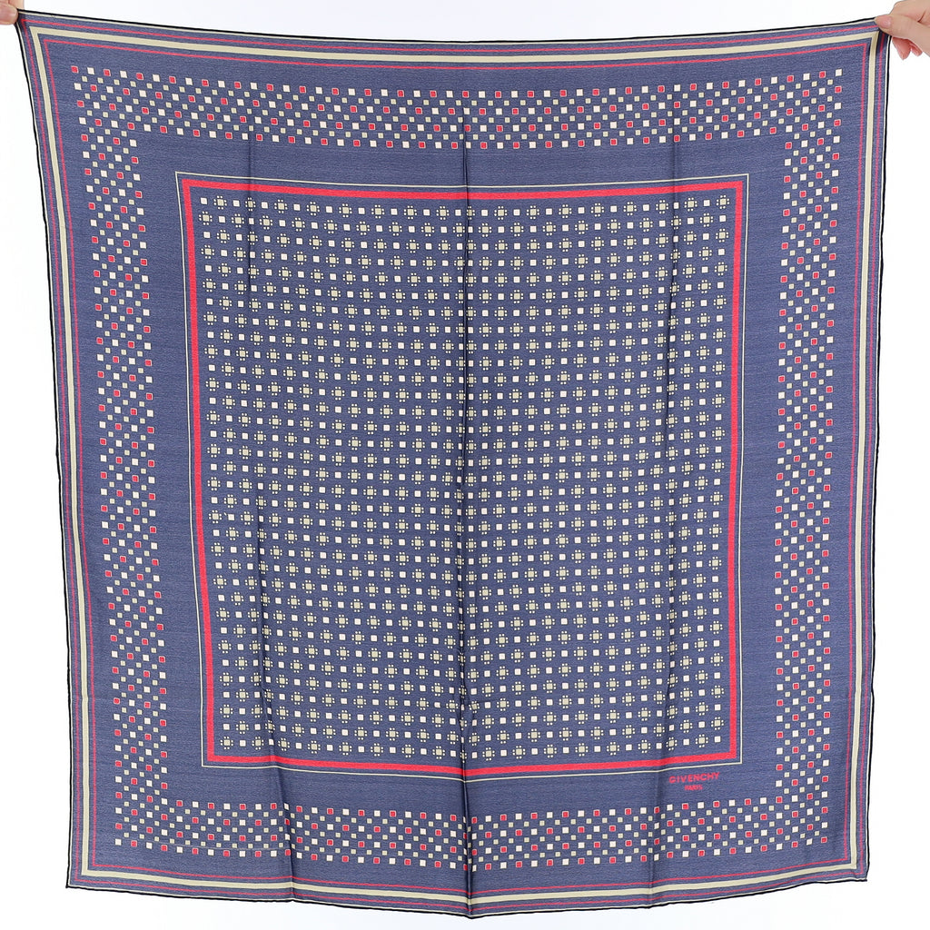 Givenchy Navy Square Patterned Vintage Silk Scarf