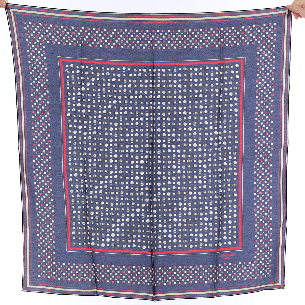 Givenchy Navy Square Patterned Vintage Silk Scarf