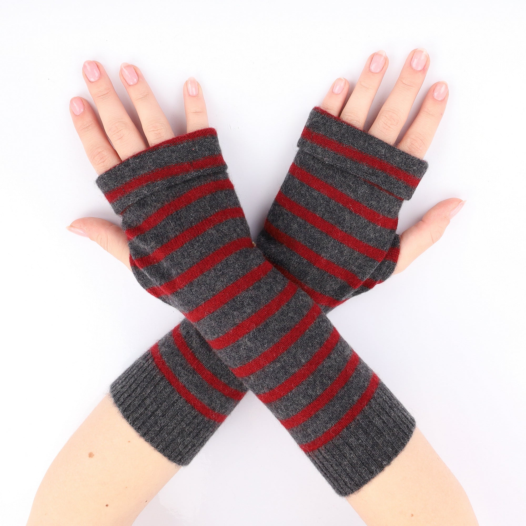 Granite and Burgundy Stripe Fingerless Gloves