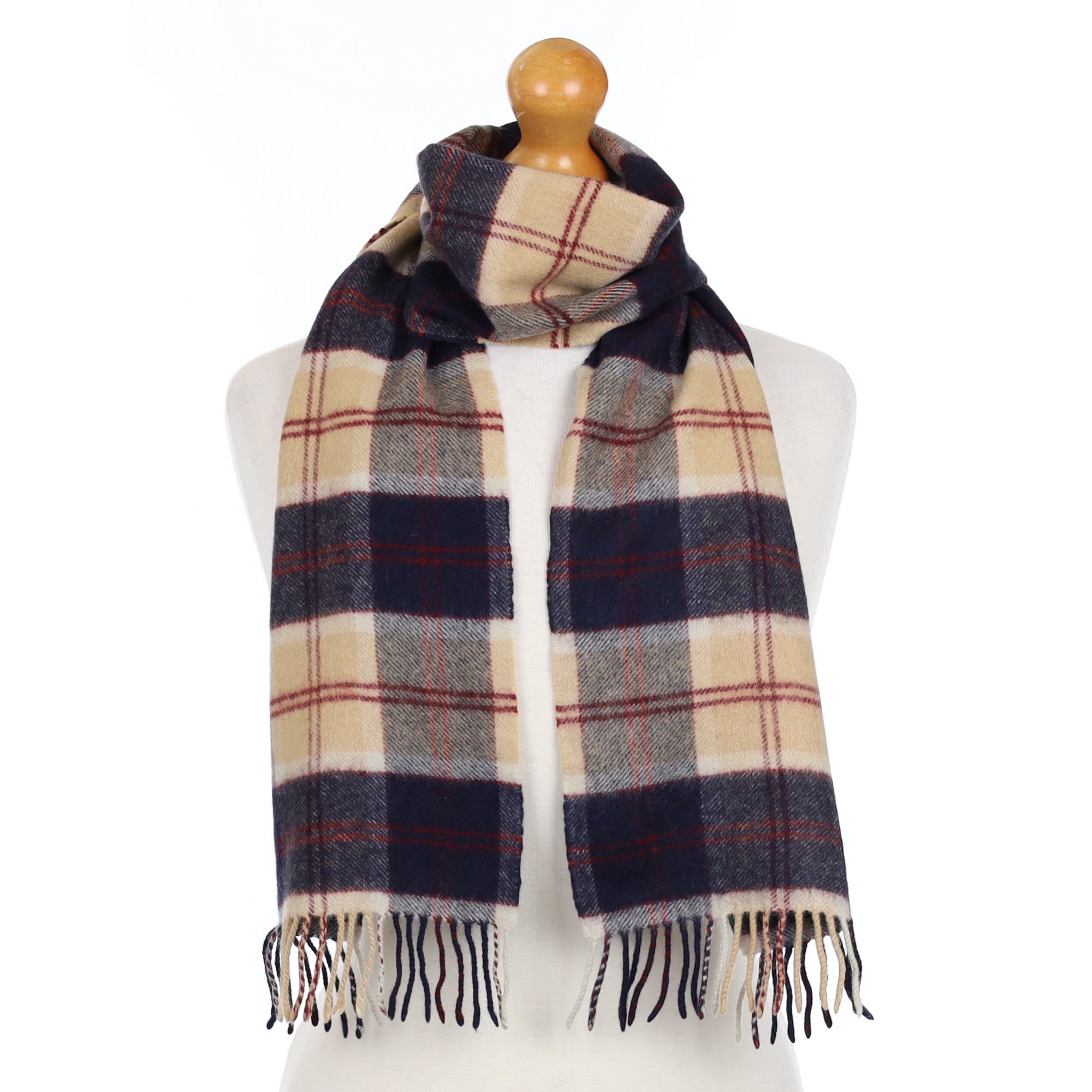 Scottish Camel Navy Check Cashmere Fringed Woven Scarf
