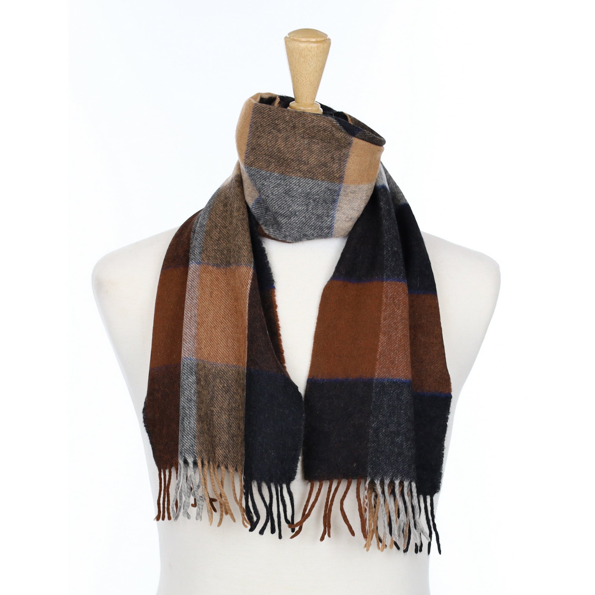 Black and Cinnamon Checked Cashmere Woven Fringed Scarf