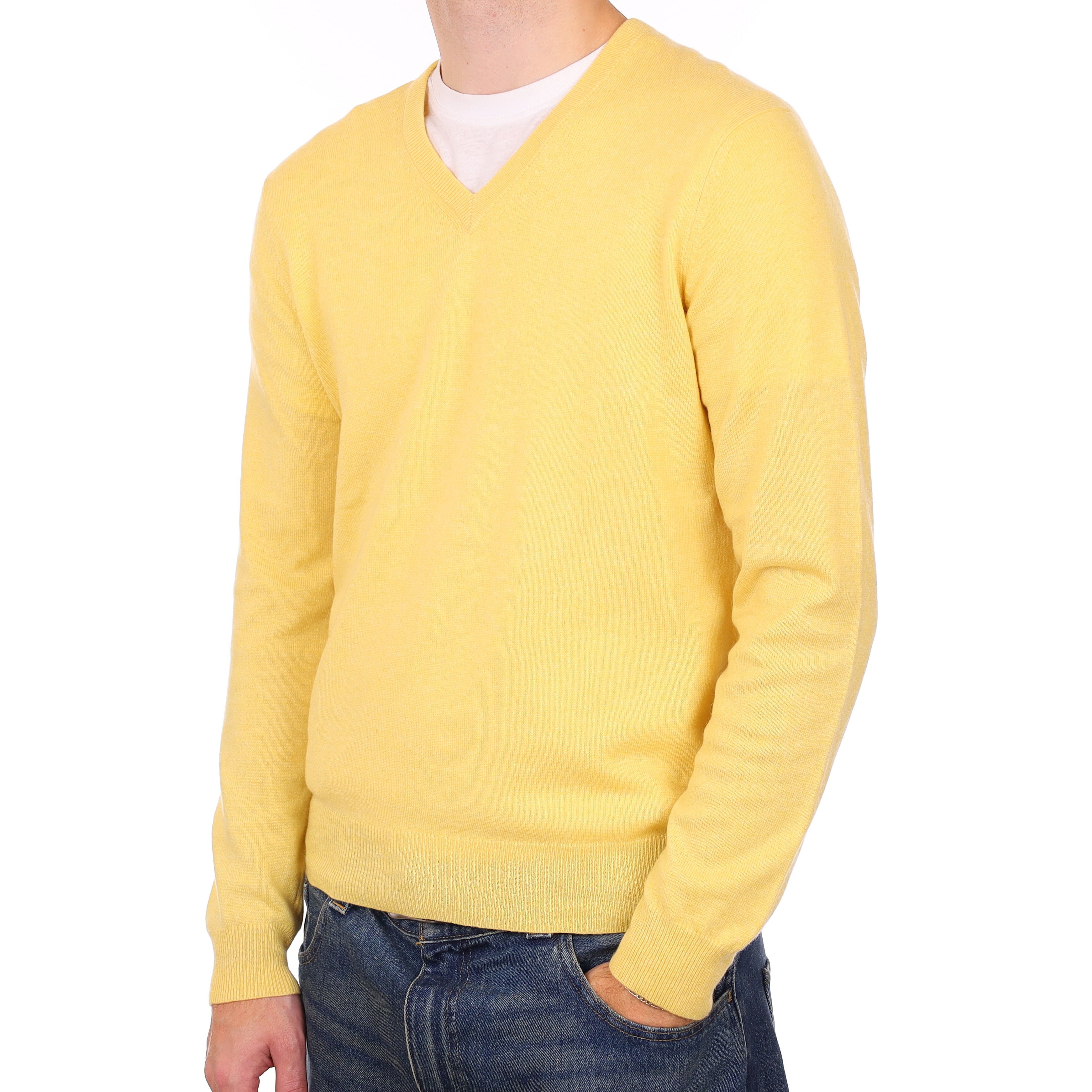 Men’s Lemon Yellow Cashmere V Neck Jumper Medium
