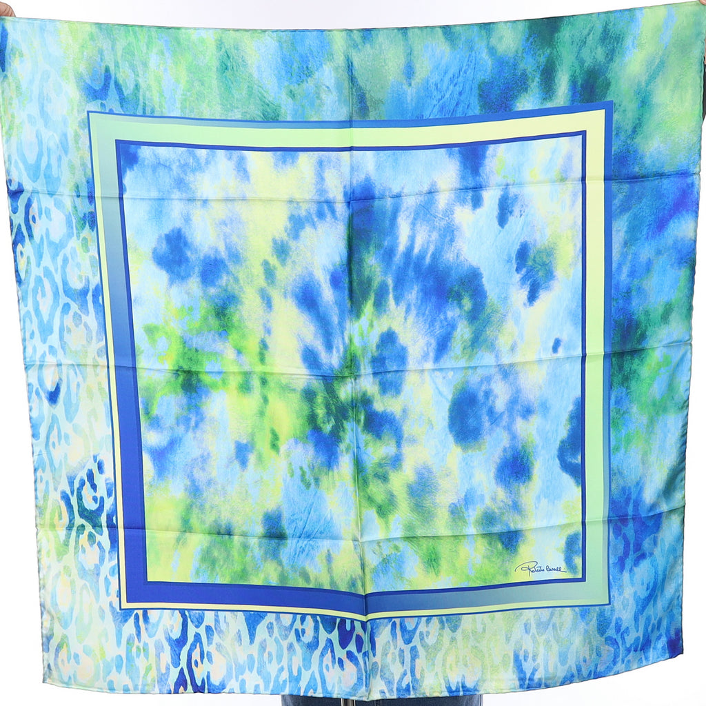 Brand New Roberto Cavalli Blue and Green Abstract Silk Scarf