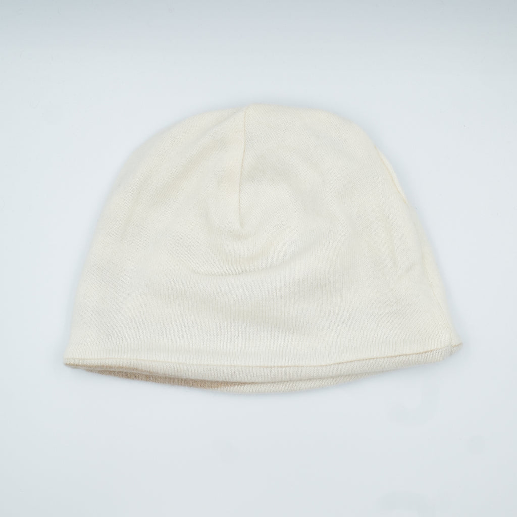 Cream and Fawn Beige Striped Cashmere Beanie Hat