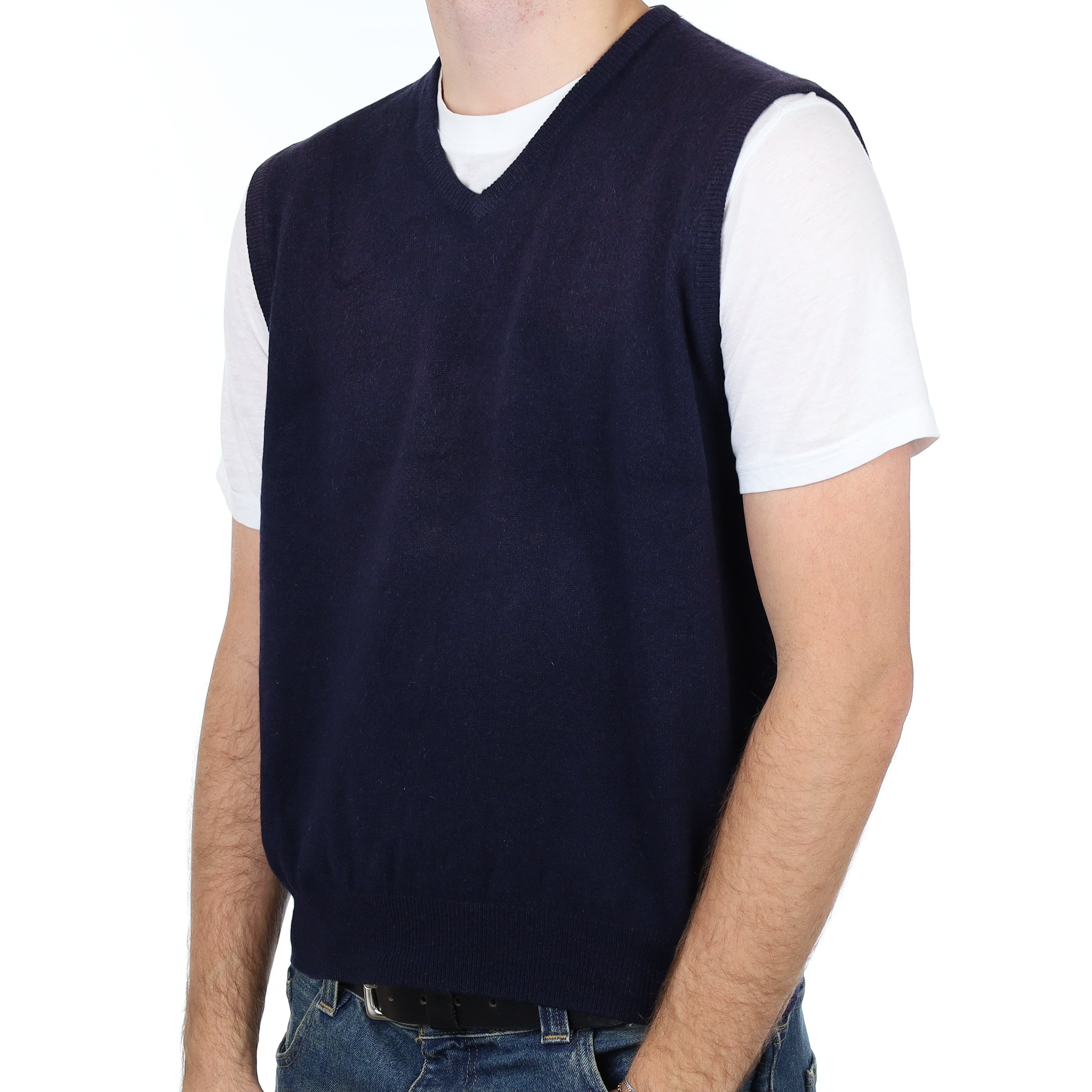 Men’s Navy Cashmere V Neck Tank Top Large