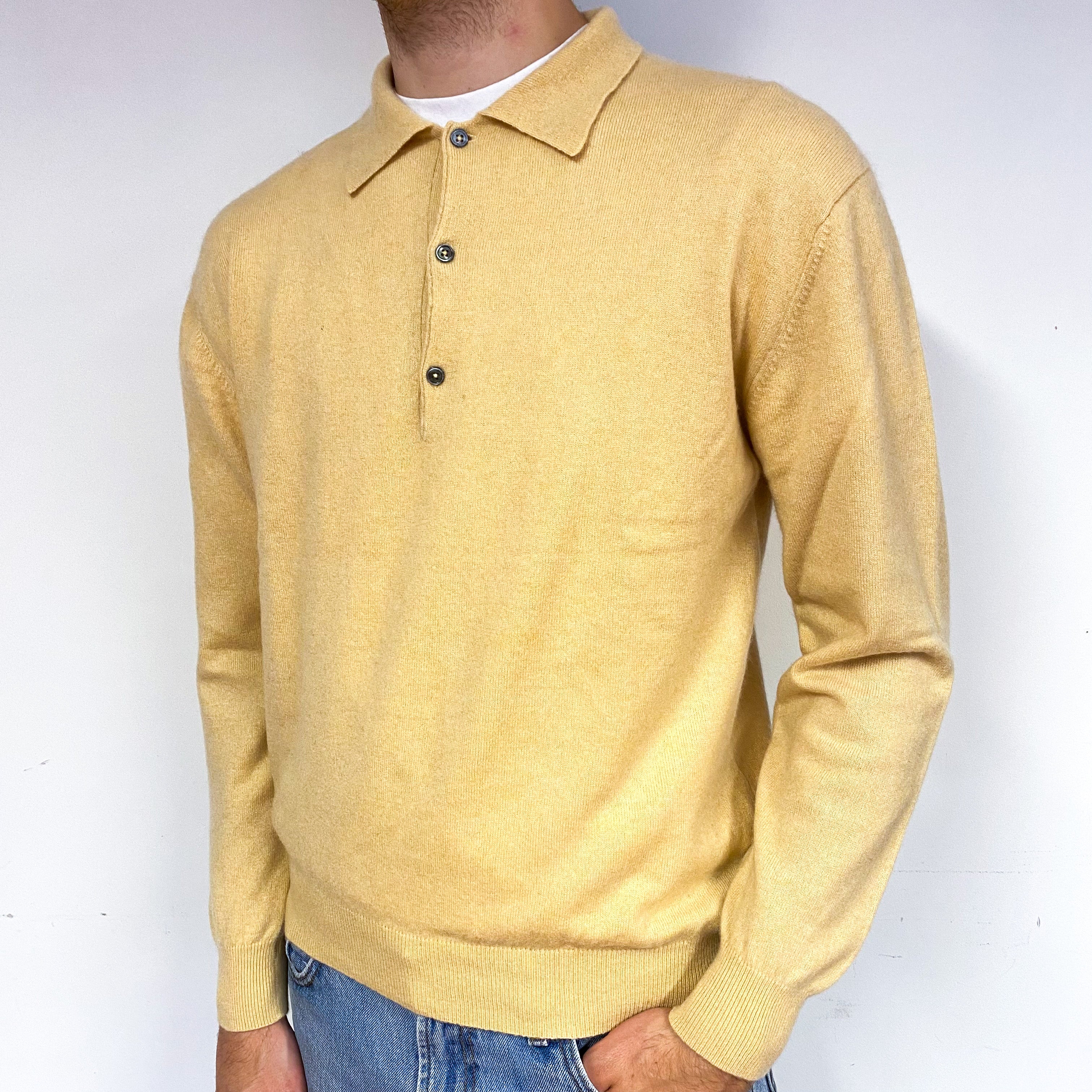 Men's Pale Apricot Cashmere Collared 1/4 Button Jumper Large