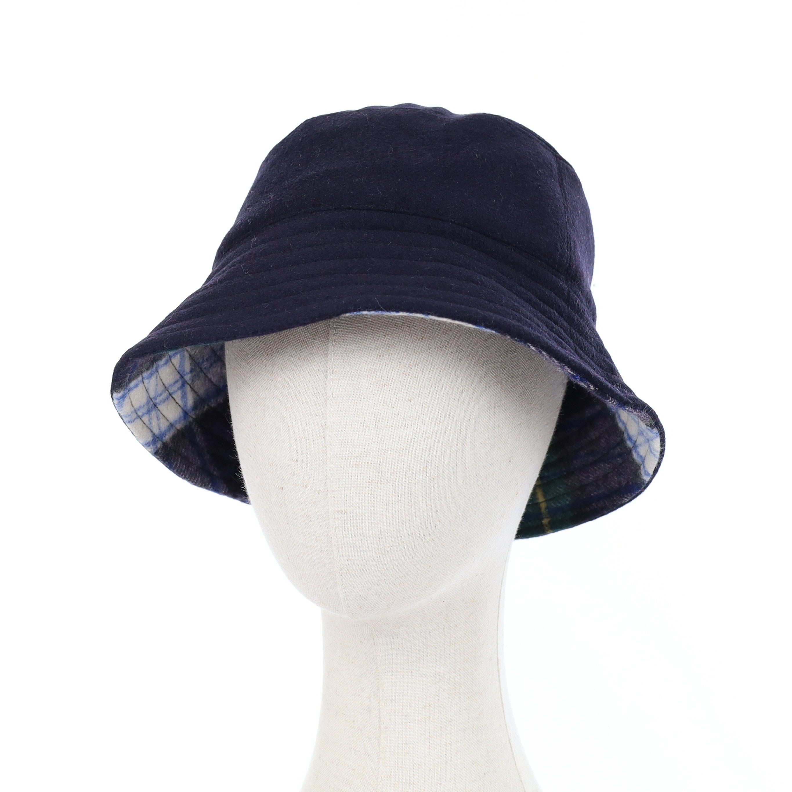 Blue Green and Grey Plaid Reversible Cashmere Bucket Hat Medium