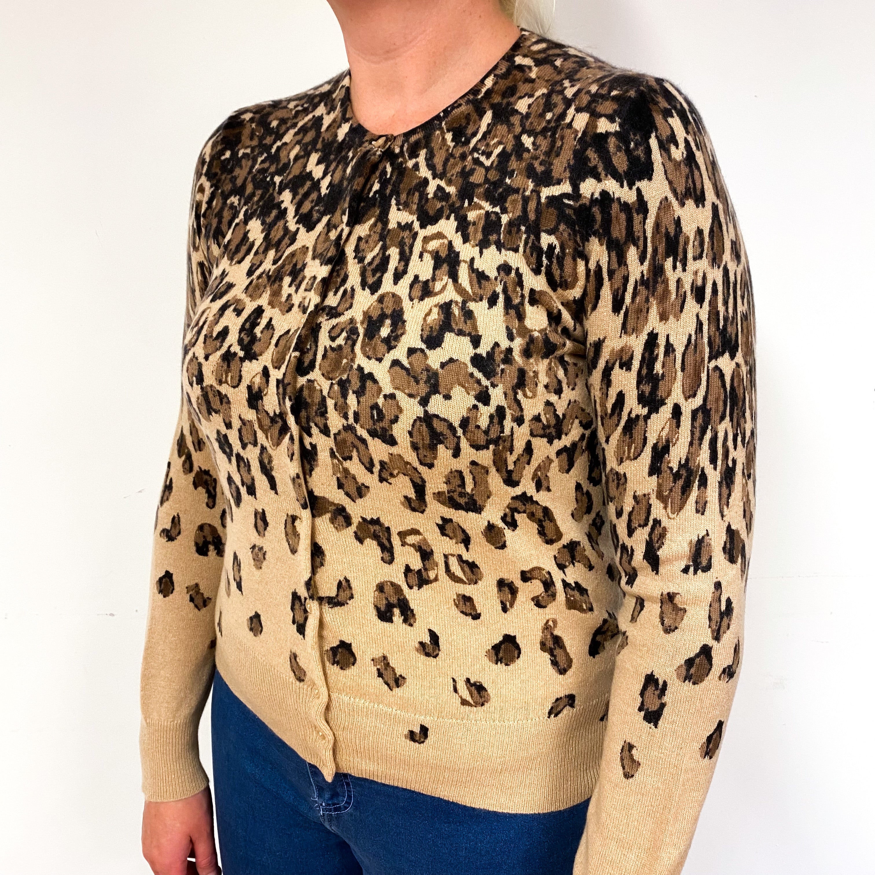Caramel Brown Leopard Cashmere Crew Neck Cardigan Large