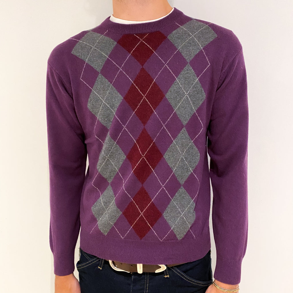 Men's Blueberry Purple Argyle Cashmere Crew Neck Jumper Medium