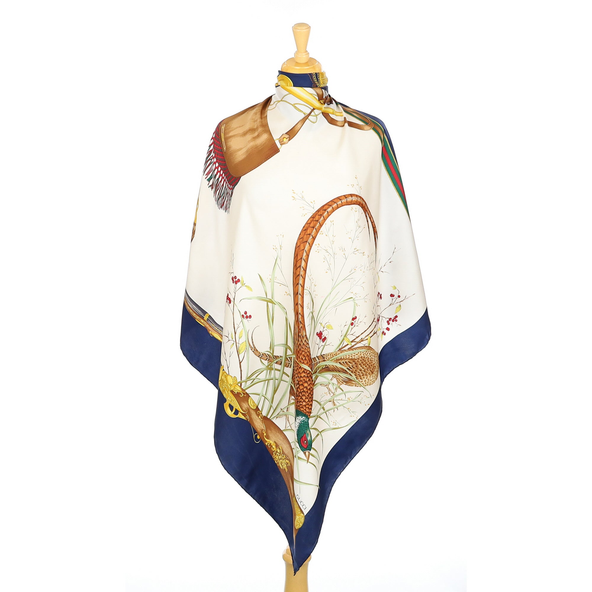 Brand New Gucci Pheasant Hunt Navy Vintage Silk Scarf
