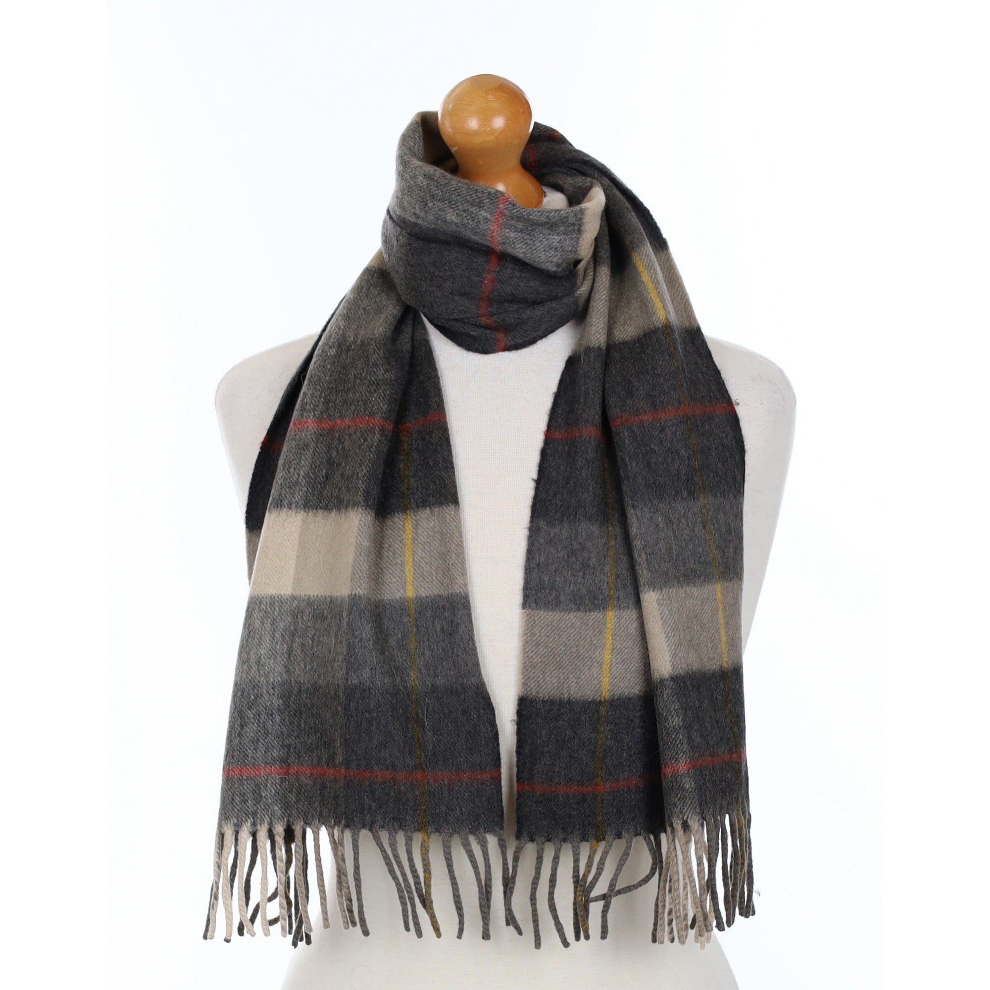 Grey Checked Cashmere Fringed Woven Scarf