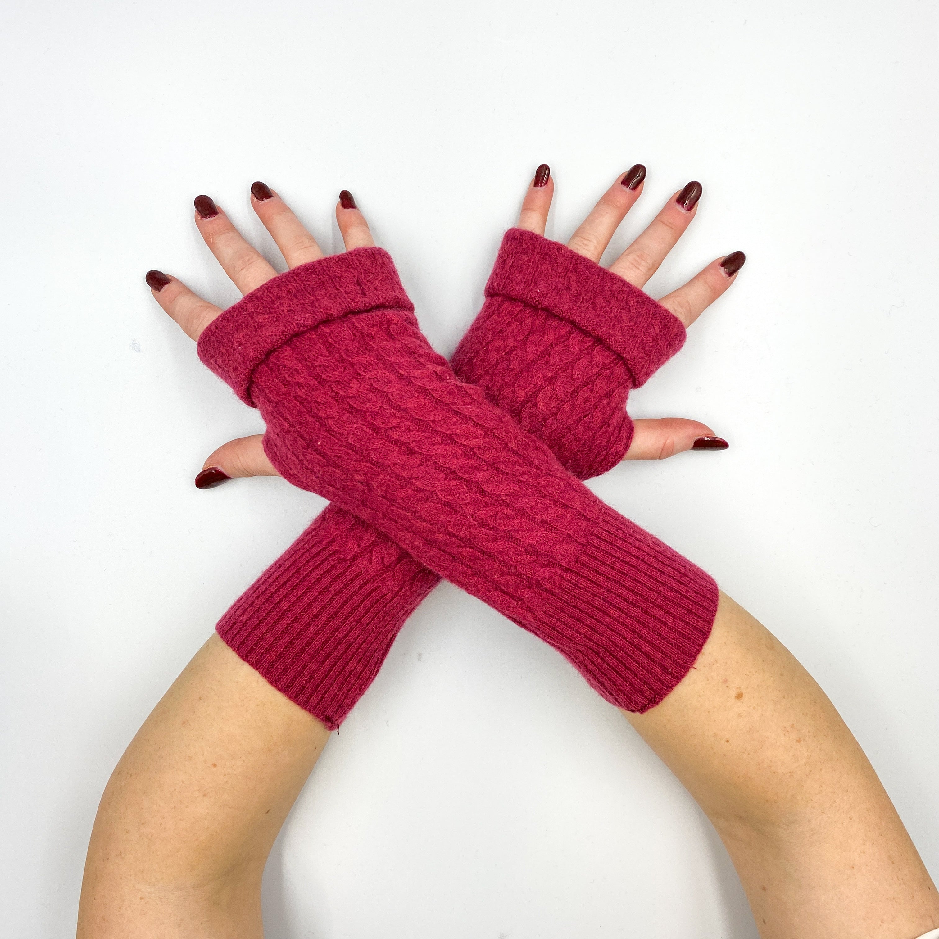 Raspberry Red Cable Knit Fingerless Gloves