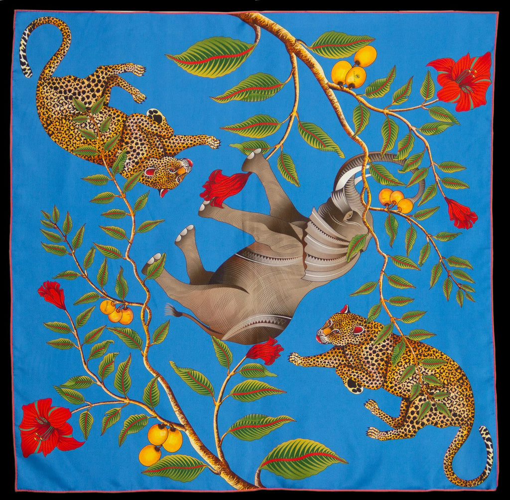 Brand New Bellezza Two Tone Blue Elephant Safari Double Faced Silk Scarf Extra Large