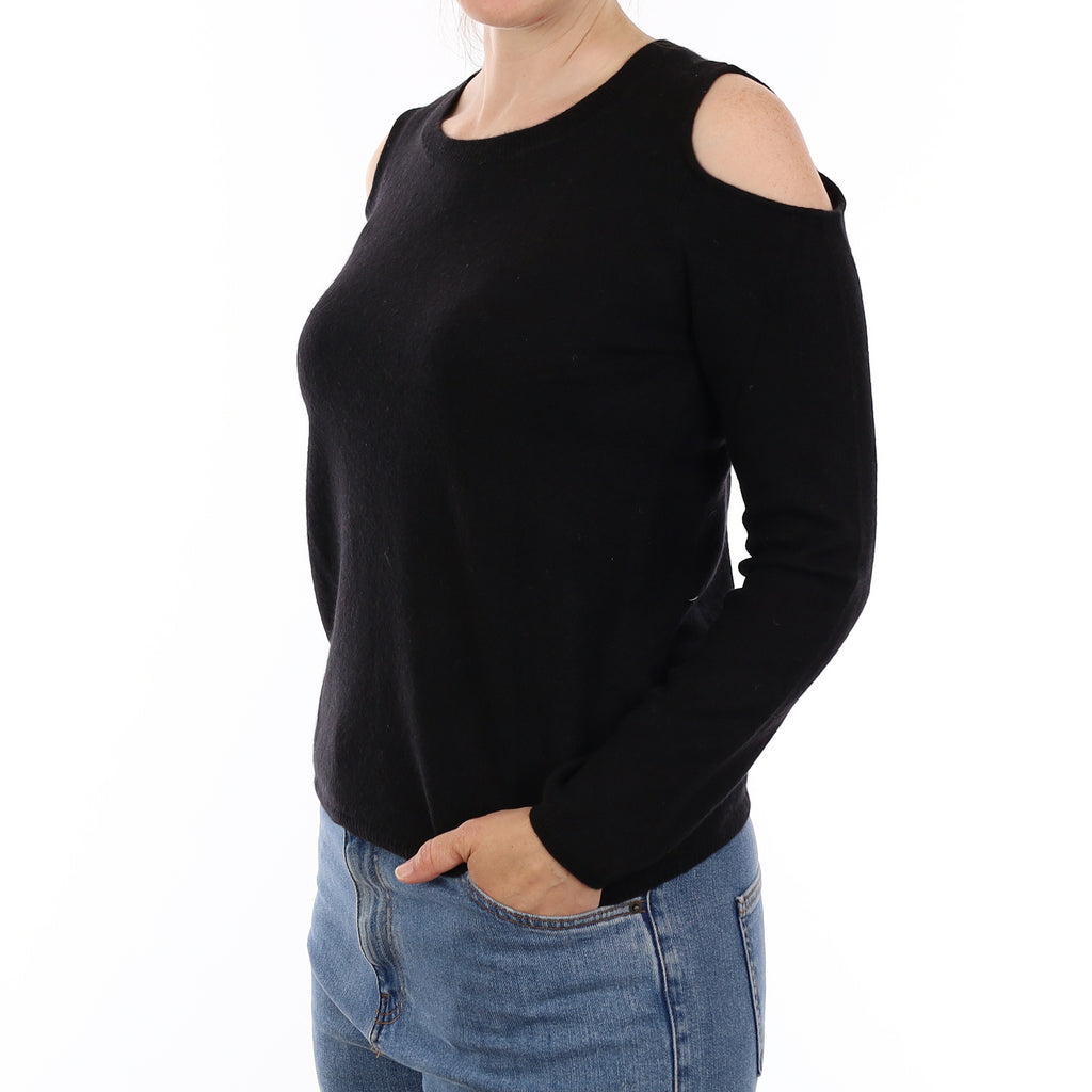 Black Cold Shoulder Cashmere Crew Neck Jumper Small