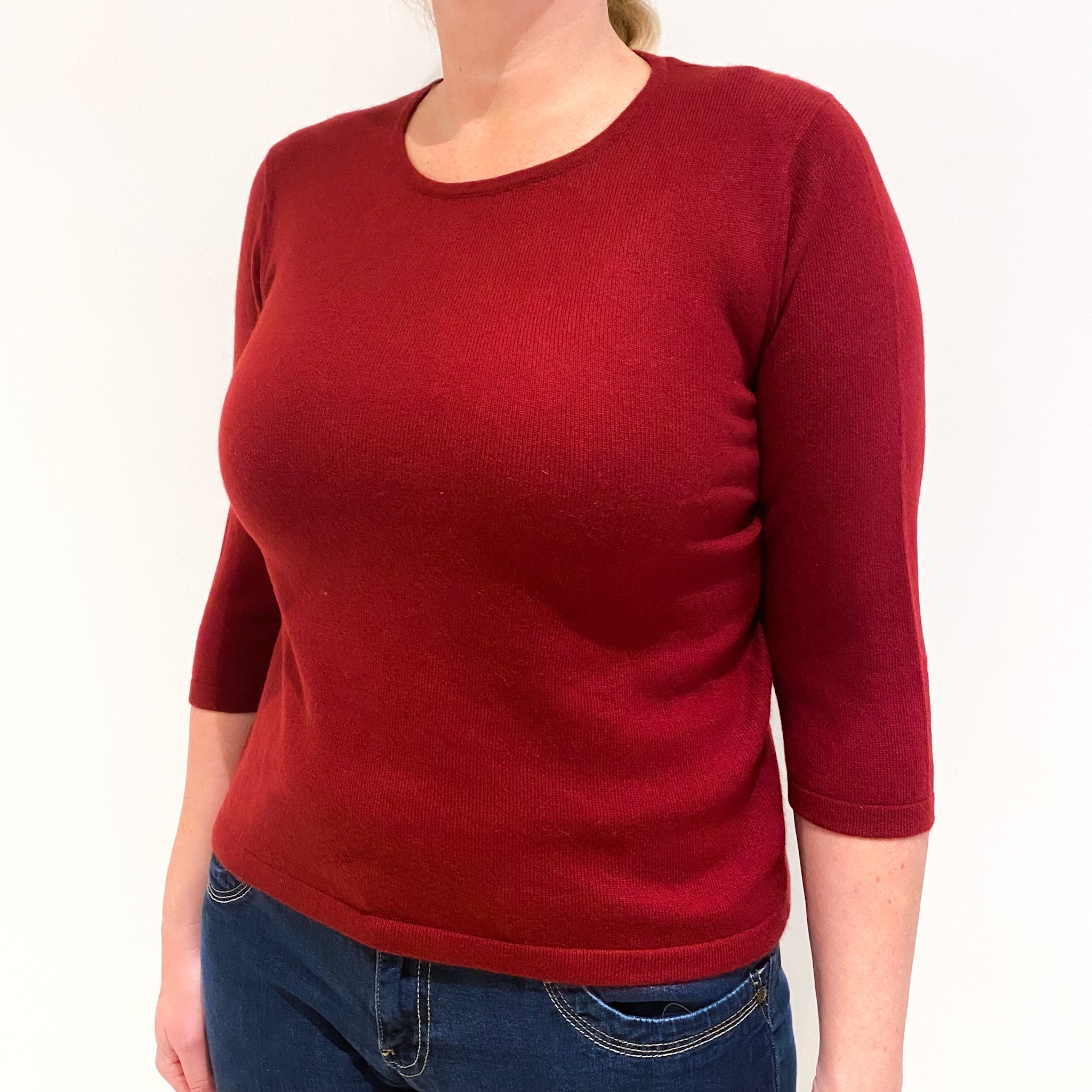 Crimson Red 3/4 Sleeved Cashmere Crew Neck Jumper Large