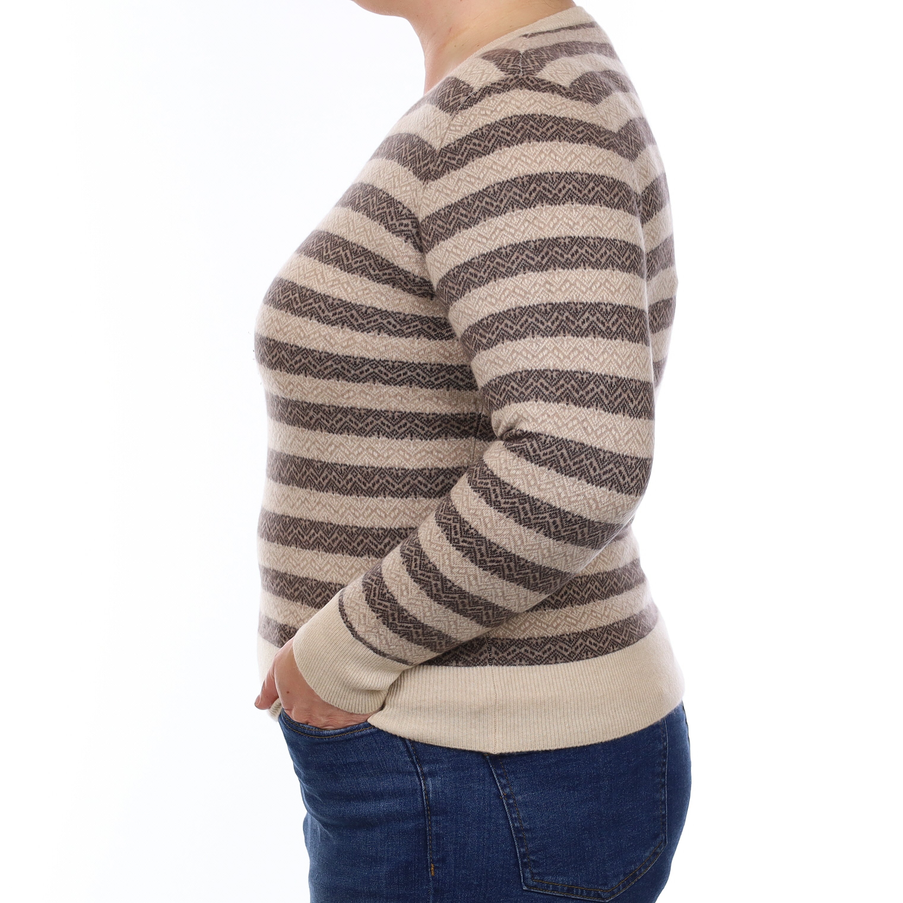 Andri Maurice Mocha Fairisle Striped Cashmere V Neck Jumper Large