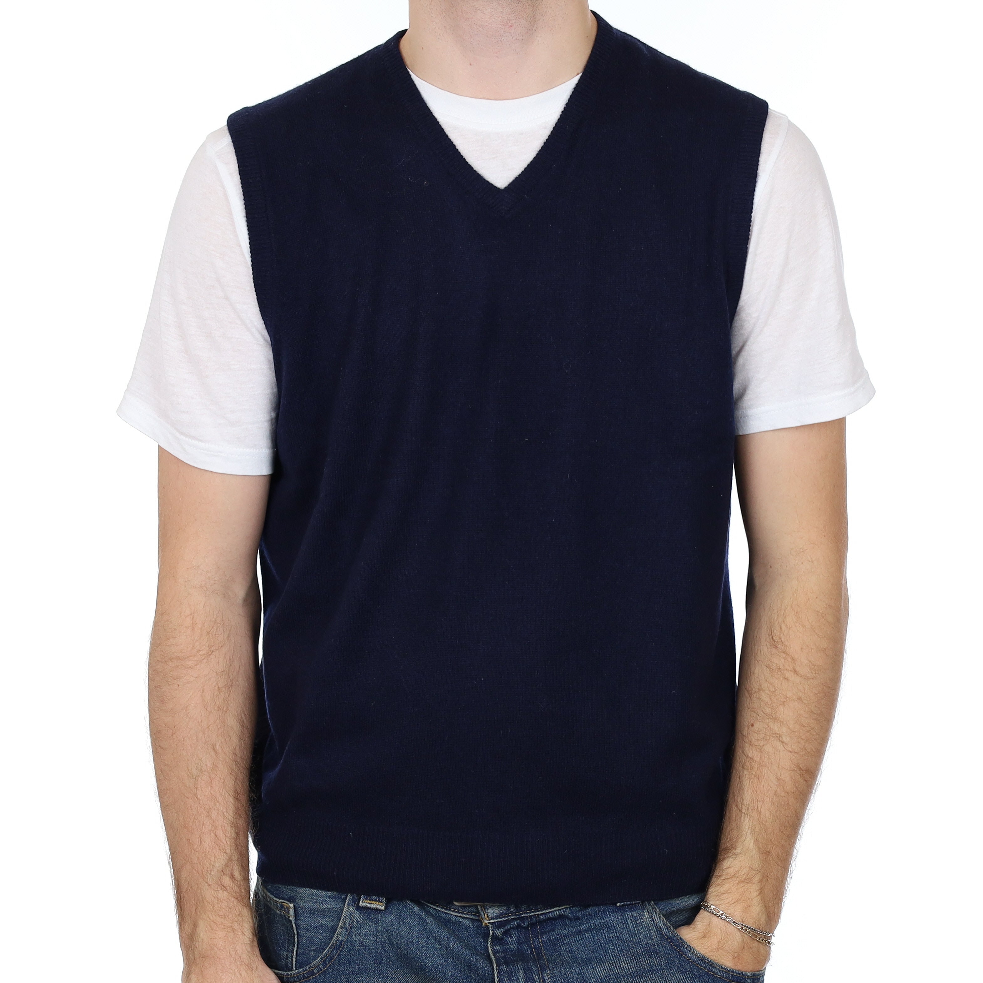 Men’s Navy Cashmere V Neck Tank Top Large