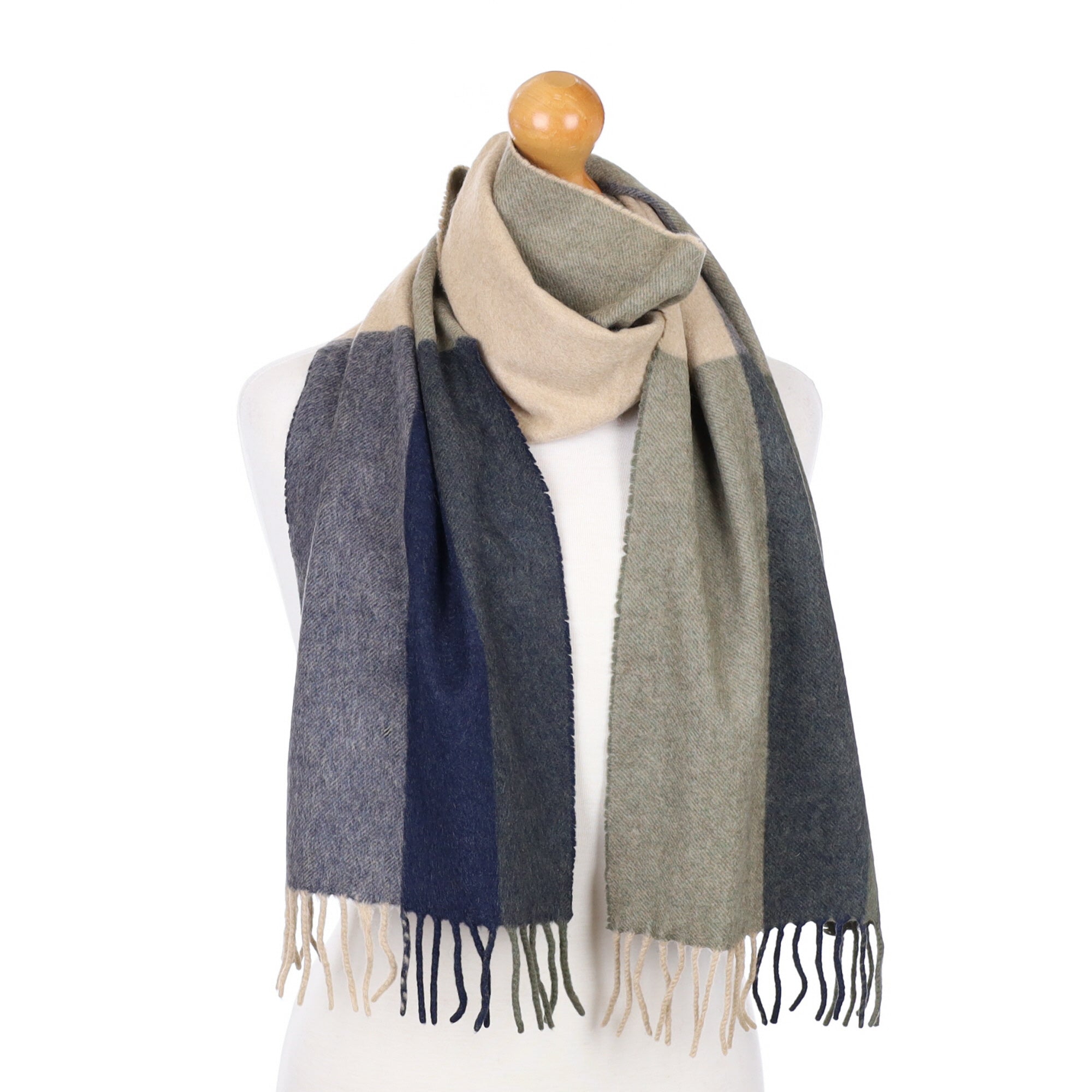 Sage and Navy Patterned Fringed Cashmere Woven Scarf