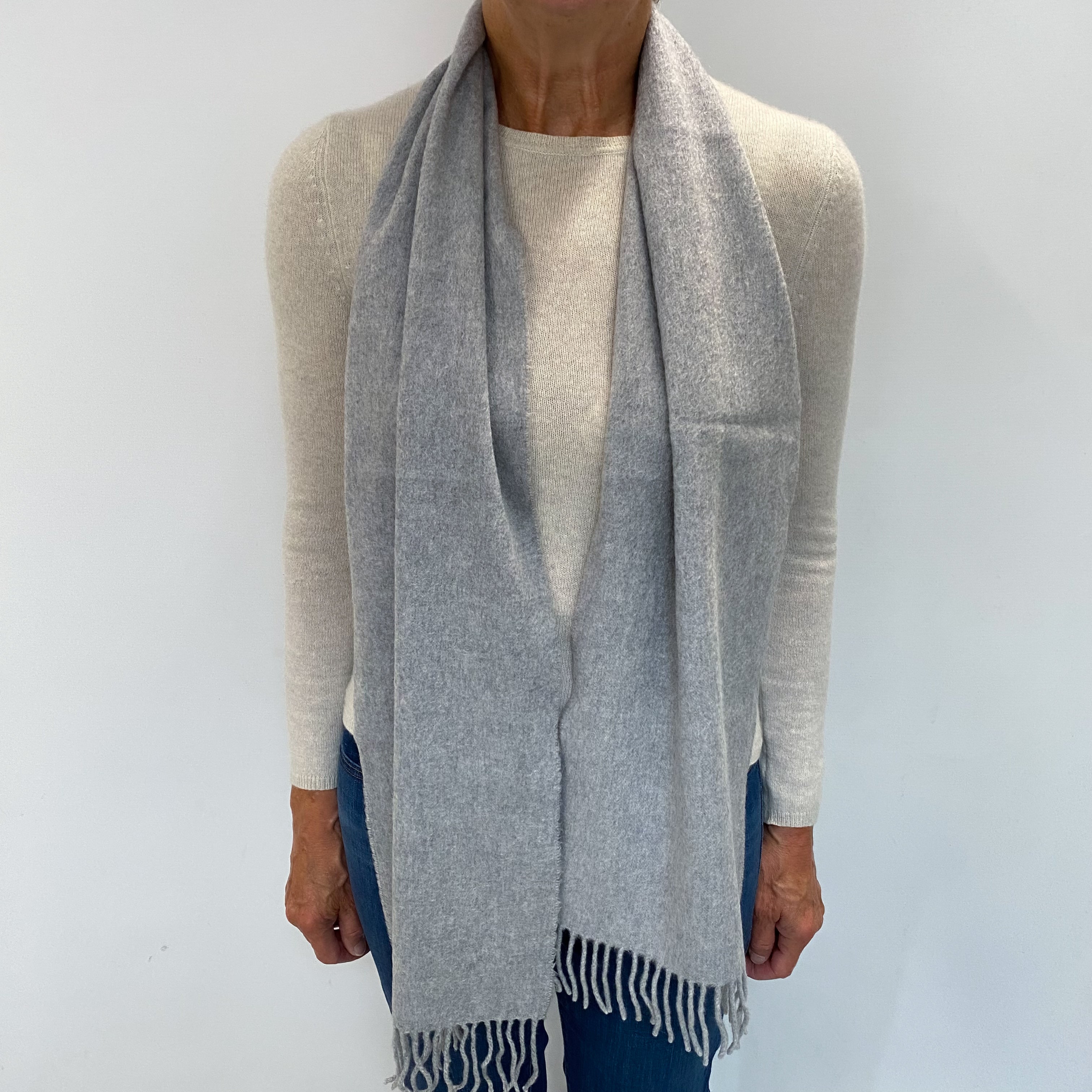 Smoke Grey Cashmere Woven Fringed Scarf