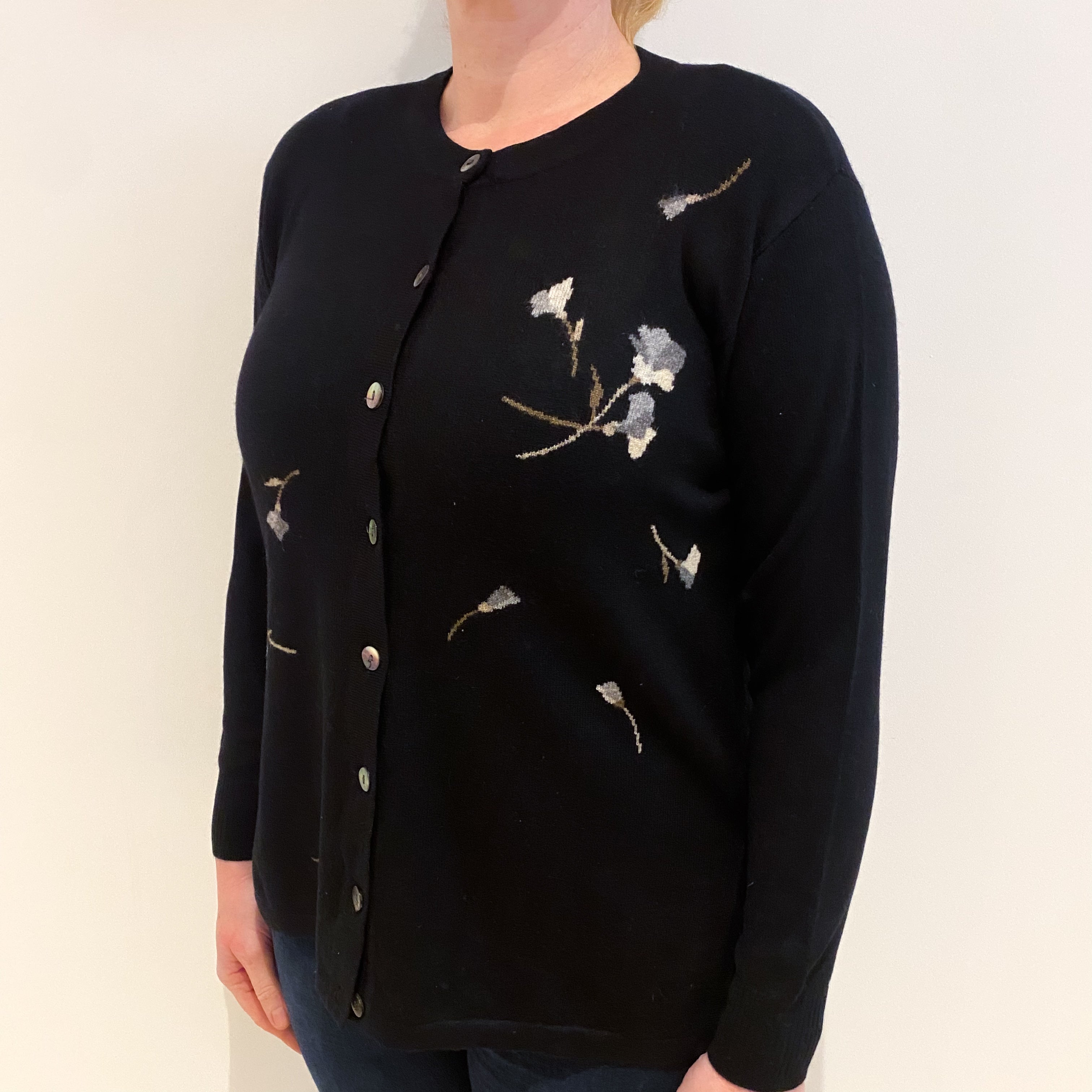 Black Floral Cashmere Crew Neck Cardigan Large