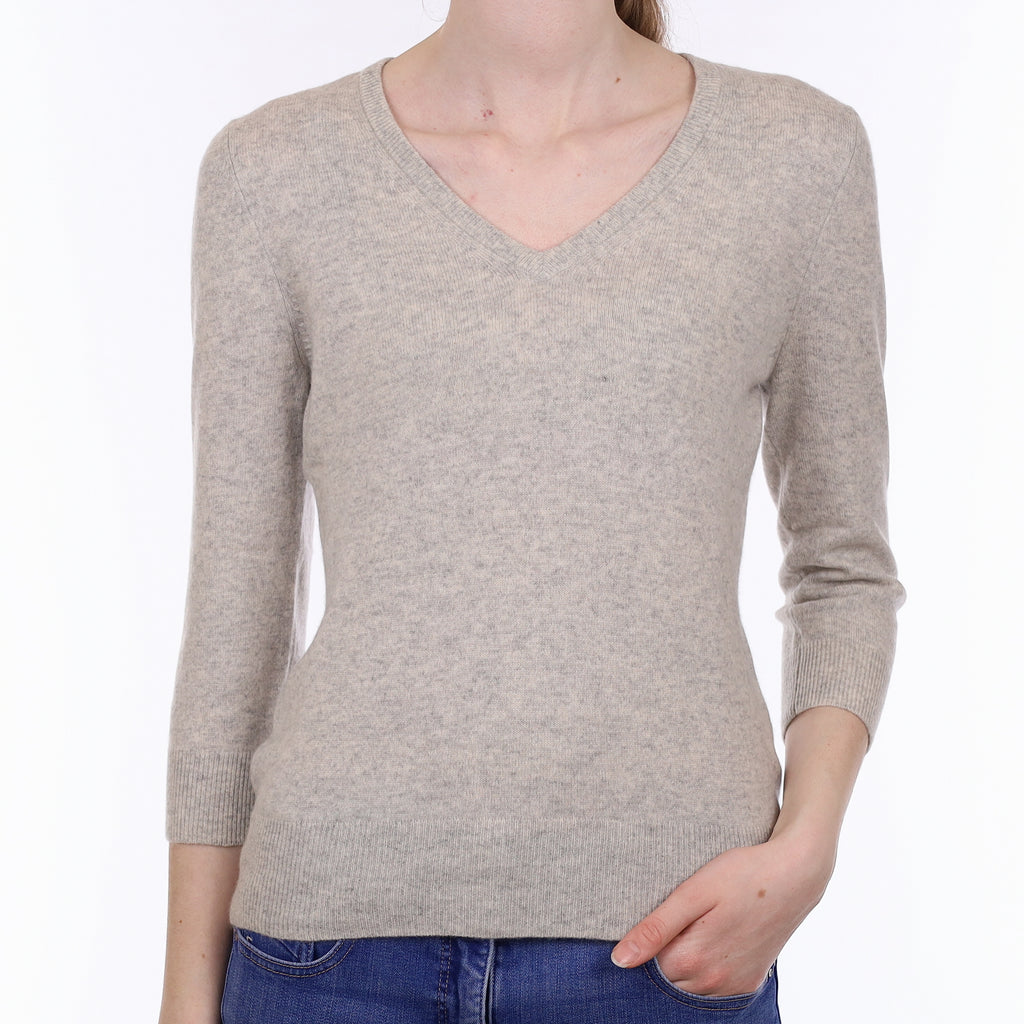 Mist Grey Cashmere 3/4 Sleeve V Neck Jumper Extra Small