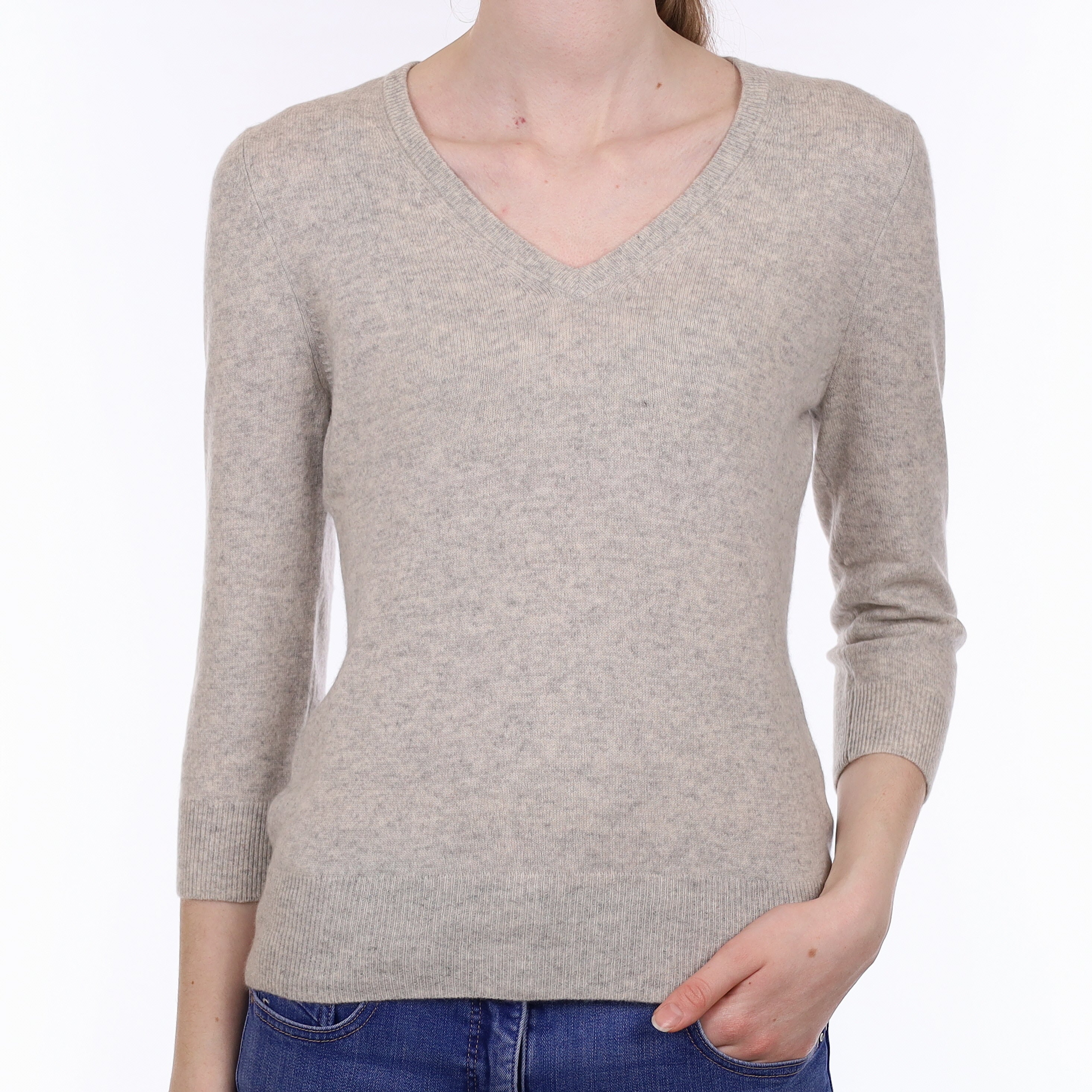 Mist Grey Cashmere 3/4 Sleeve V Neck Jumper Extra Small