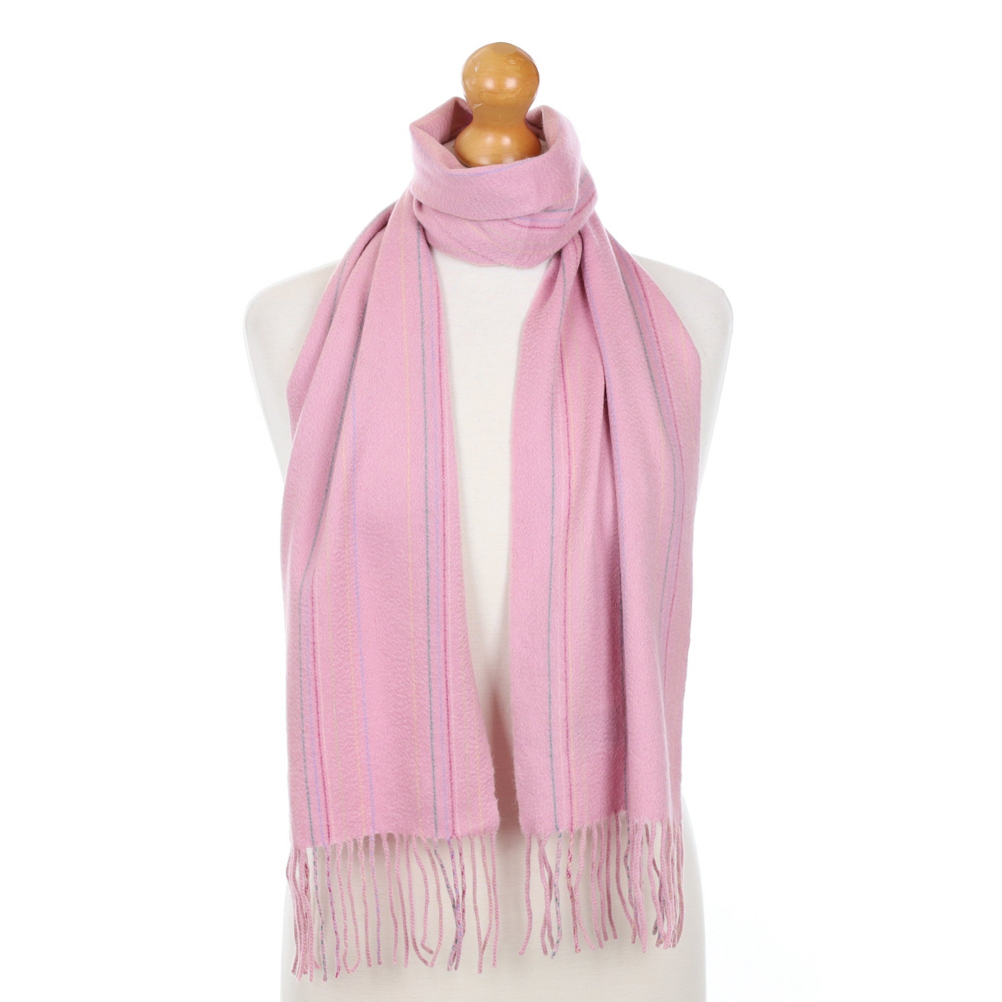 Mauve Pink Stripe Cashmere Fringed Woven Scarf
