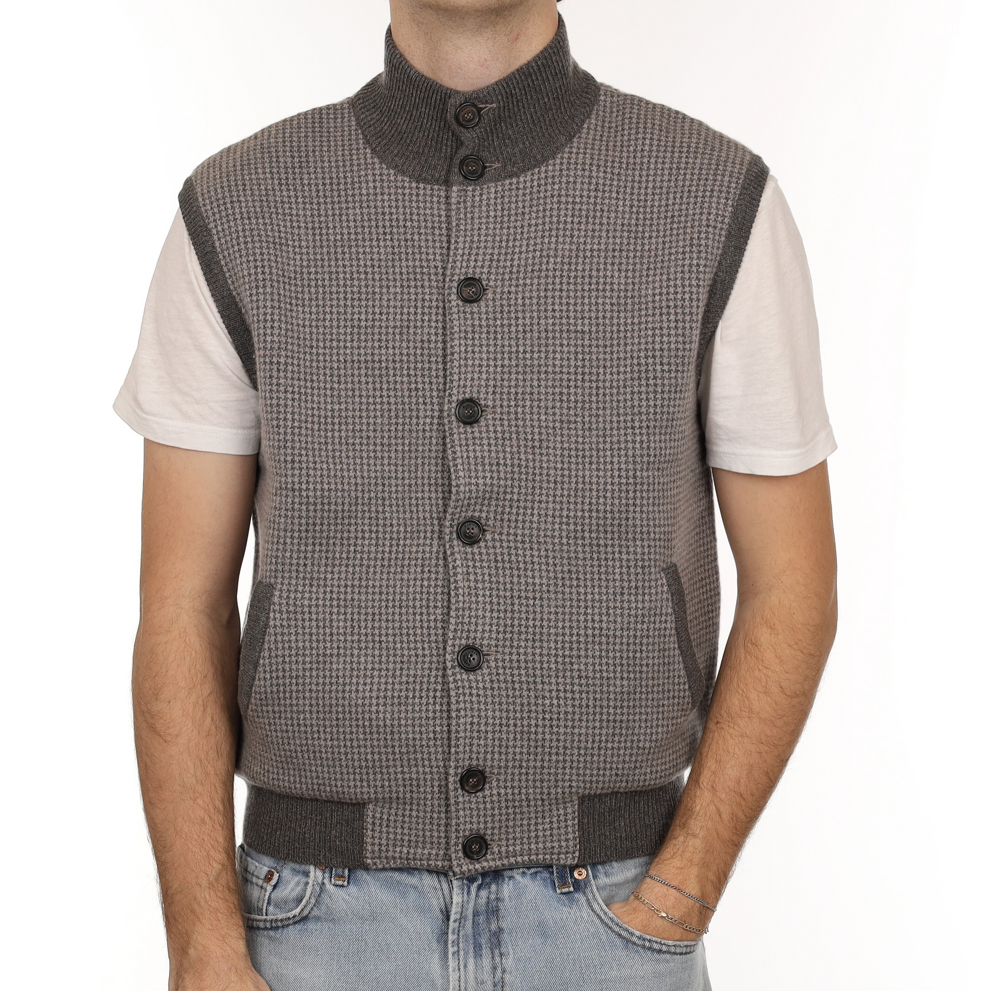 Men's Brand New Scottish Hawico Muted Brown Patterned Cashmere Gilet Medium