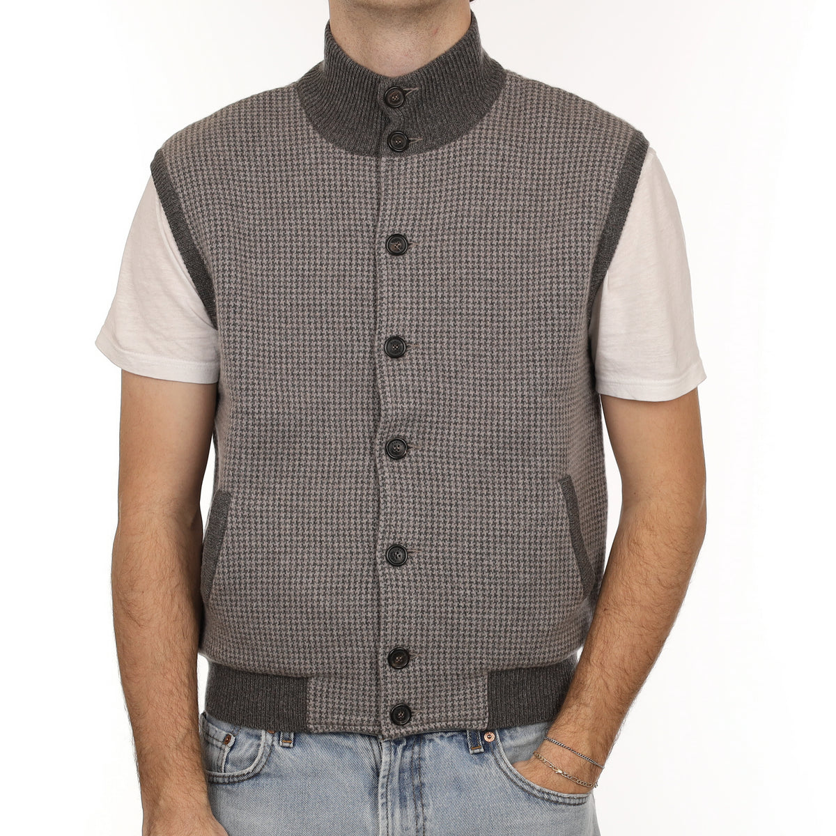 Men's Brand New Scottish Hawico Muted Brown Patterned Cashmere Gilet Medium