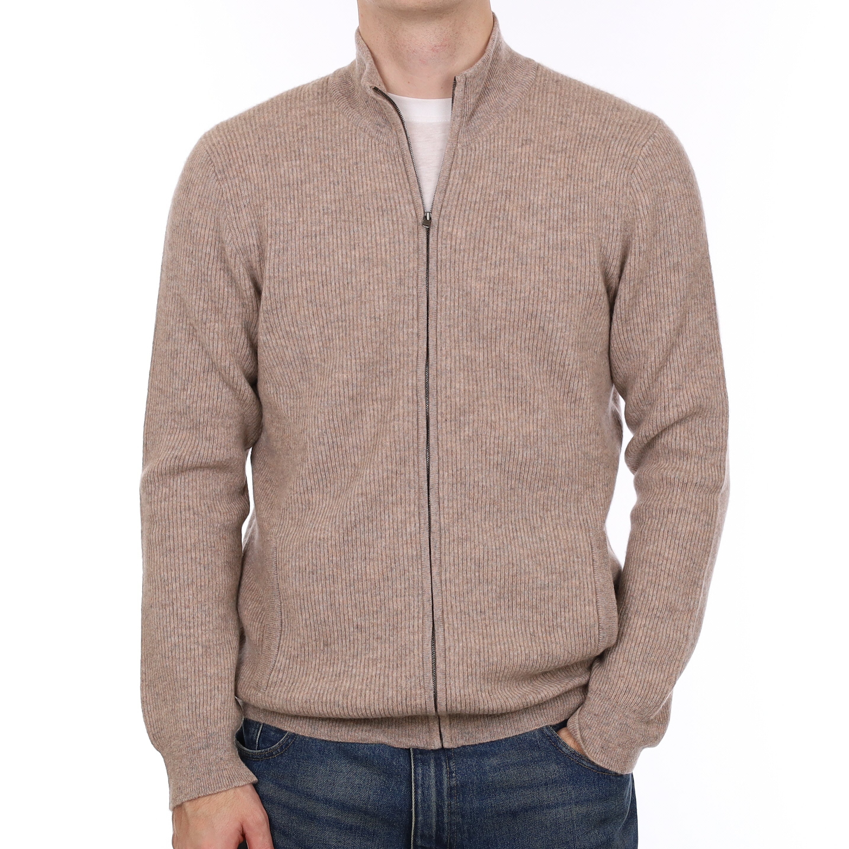 Men’s Brand New Scottish Fawn Marl Rib Cashmere Zip Up Cardigan with Pockets Large